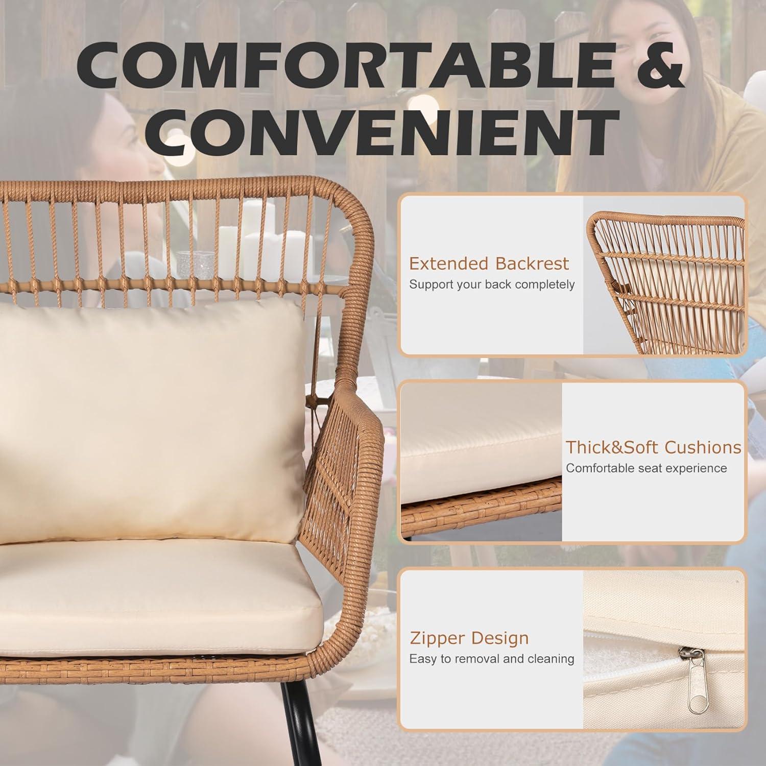 Black Steel and Wicker 3-Piece Patio Bistro Set with Beige Cushions