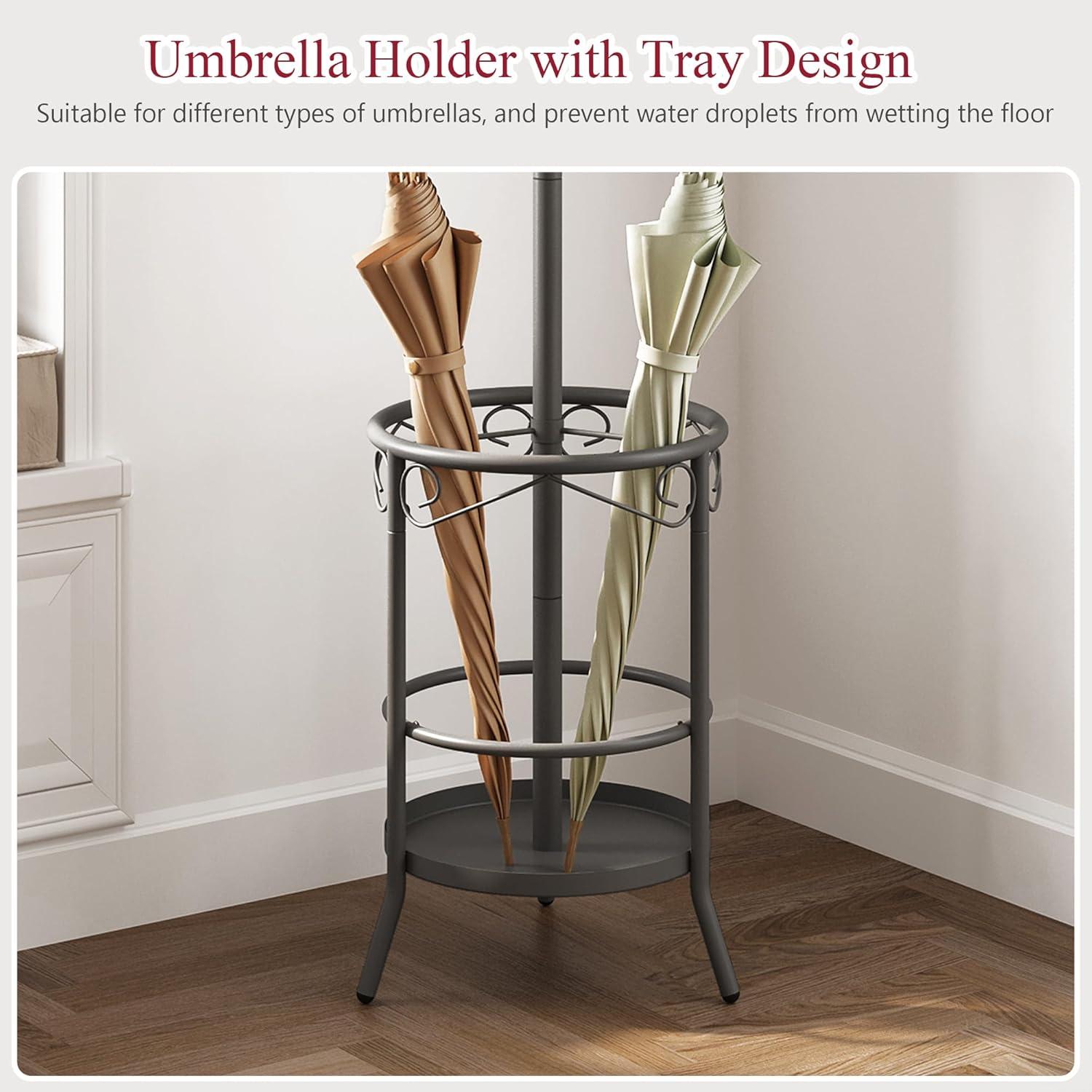 Tajsoon Coat Rack Stand with Umbrella Holder, Freestanding Coat Hanger Stand with Umbrella Stand, Entryway Coat Rack with 12 Hooks to Hold Clothes, Coat Tree for Living Room Bedroom Office, Grey