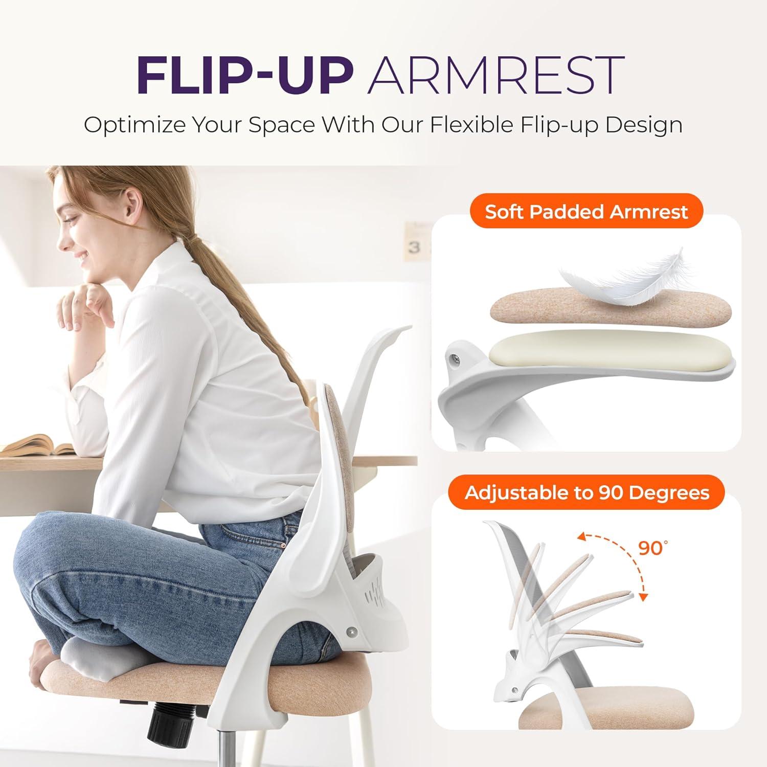 NEO CHAIR Office Chair, Flip-up Padded Armrests Desk Chair, Ergonomic Back Support, Beige