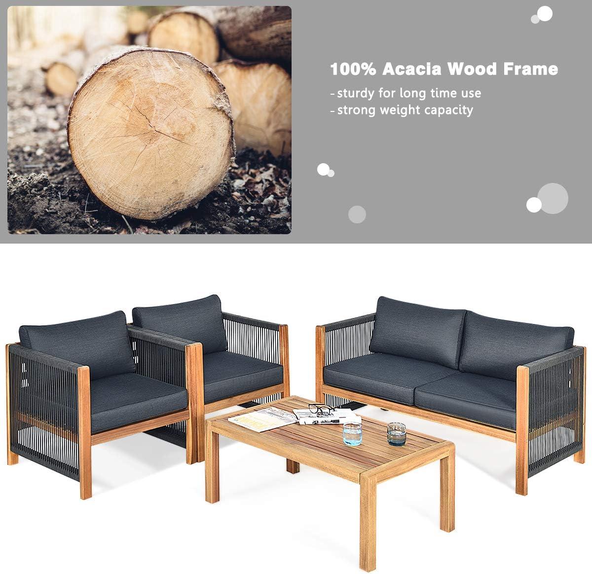 Highland Dunes Menges Outdoor Patio 4 Pieces Acacia Wood Sofa Set with Cushions