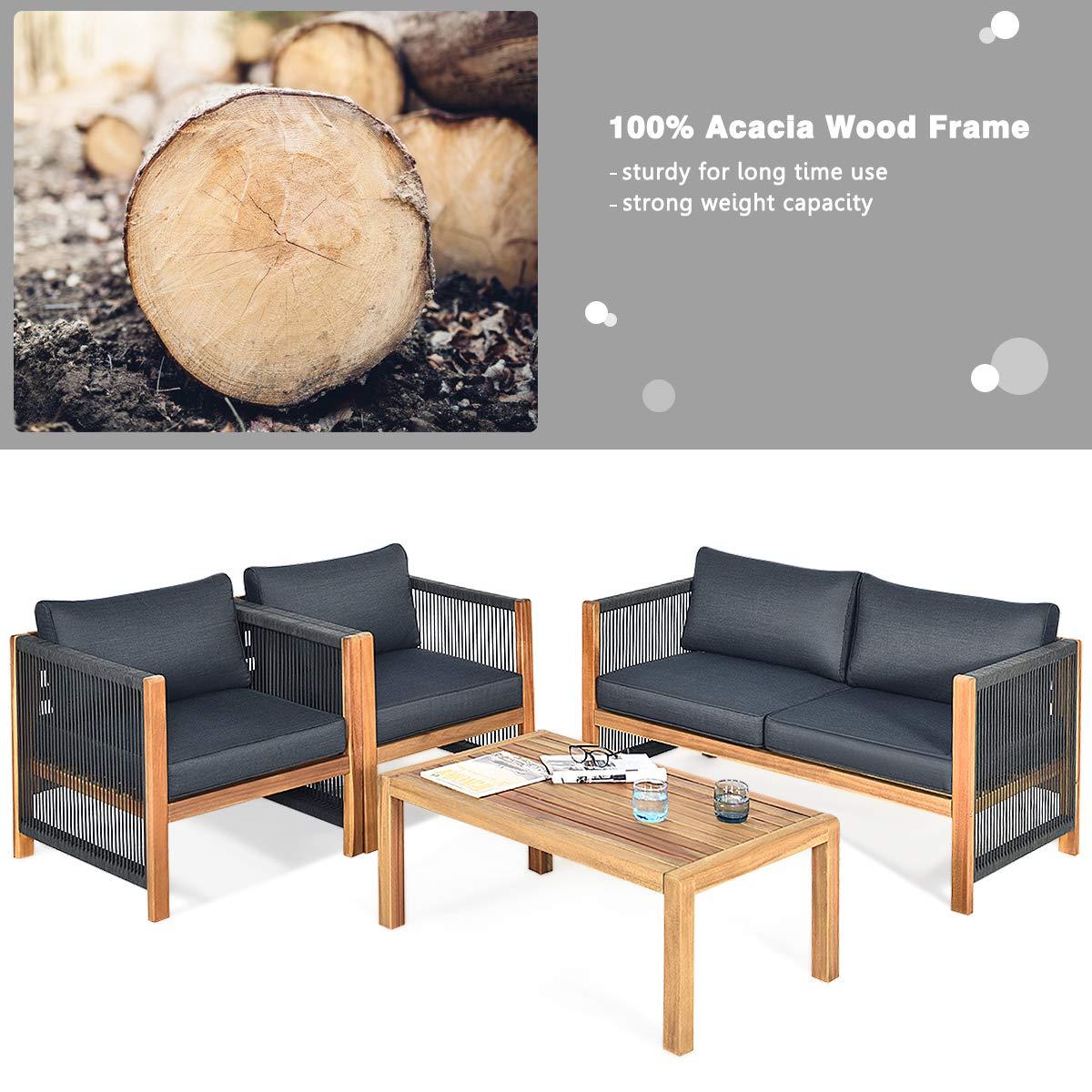 Highland Dunes Menges Outdoor Patio 4 Pieces Acacia Wood Sofa Set with Cushions