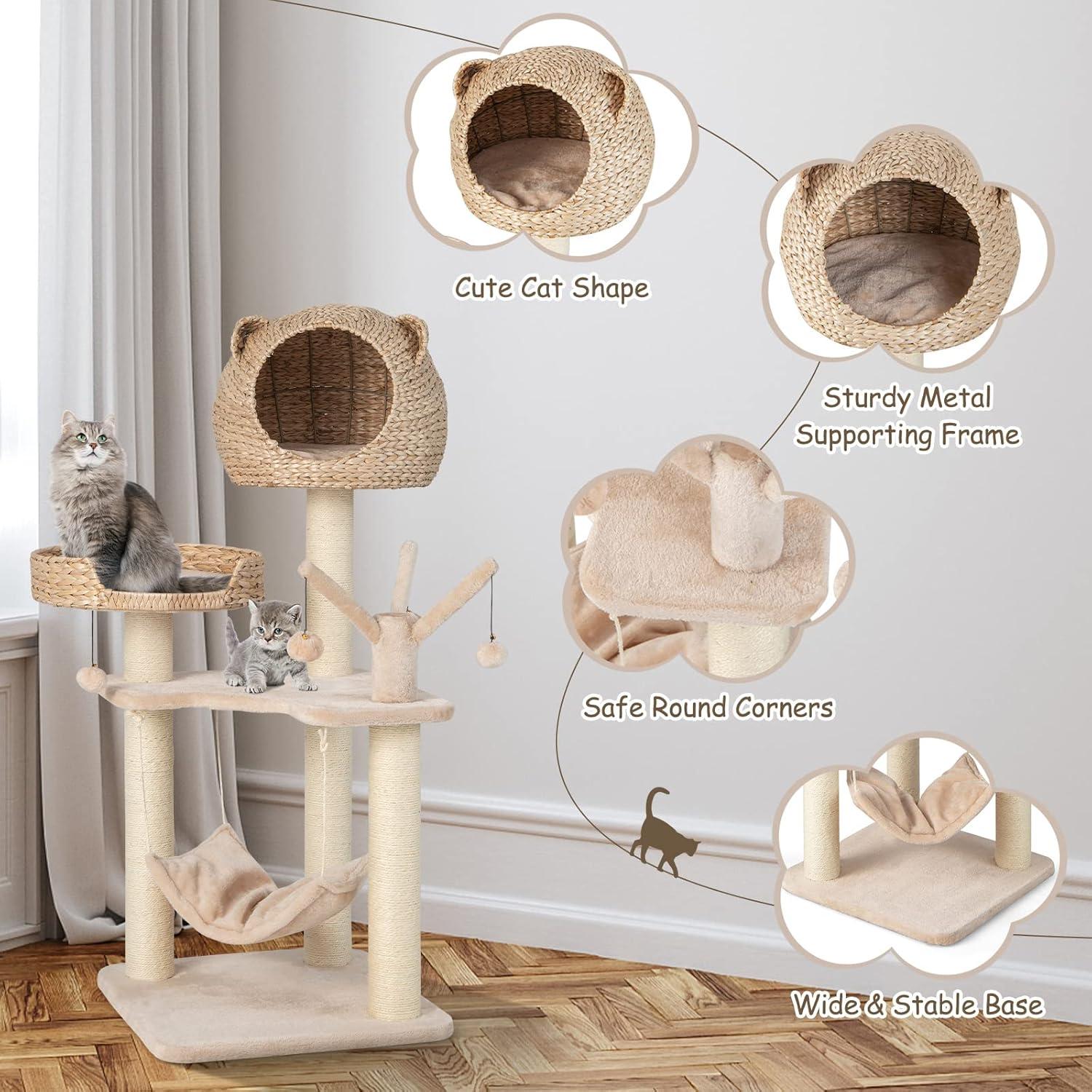 Giantex Wooden Cat Tree, 48 inches Cat Tower with Cattail Condo, Cat Bed, Hammock, Rotatable Jingling Balls, Natural Sisal Scratching Posts, Removable Cushion, Multi-Level Kitten Activity Center