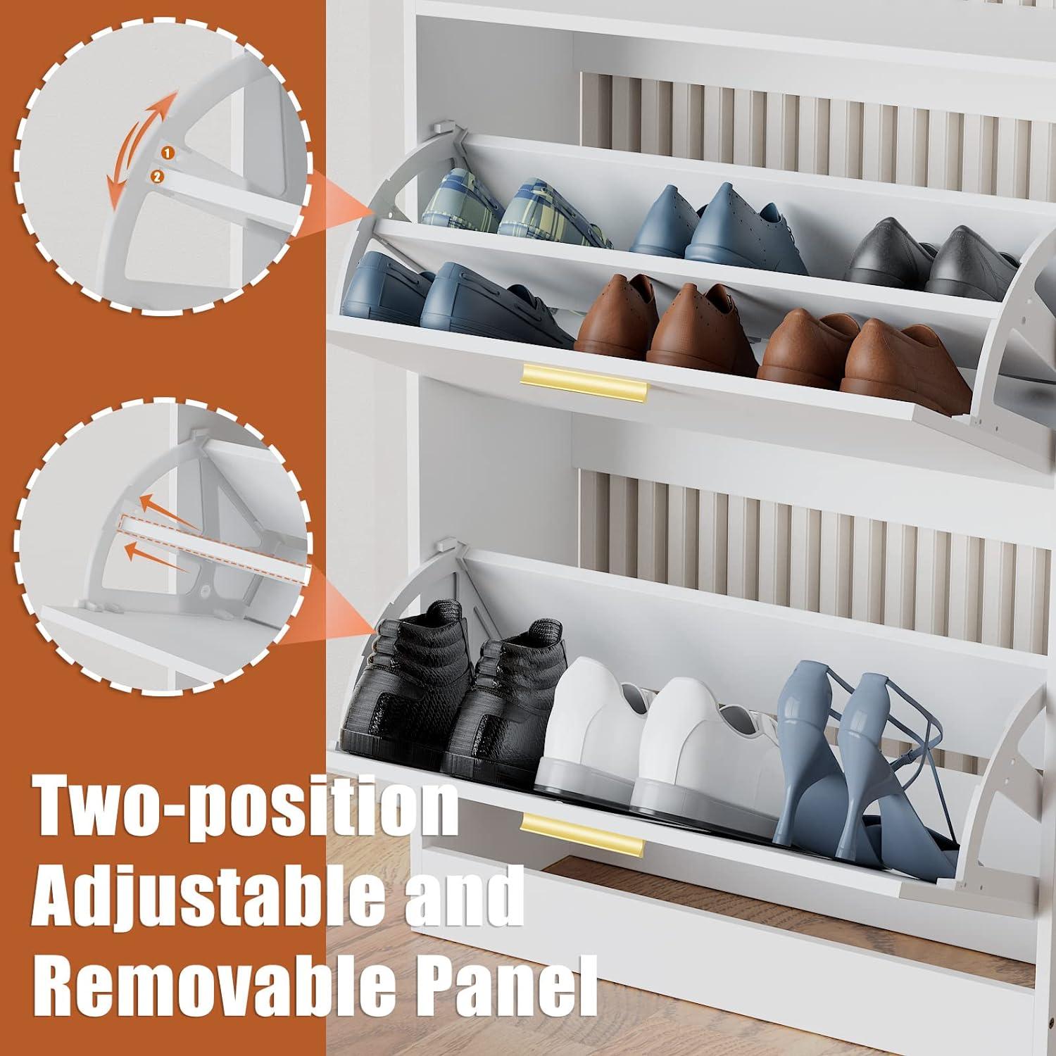 Shoe Cabinet Storage for Entryway  Freestanding Slim Shoe Organizer Cabinet with 2 Flip Drawers  Narrow Shoe Rack with Open Shelves for Hallway  Living Room  White