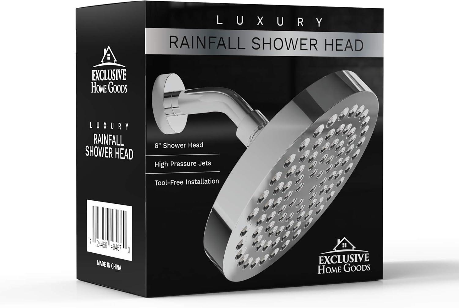 Exclusive Home Goods High Pressure Rainfall Shower Head with 360 Degree Rotation, 6" 2.5 GPM Deluxe Chrome