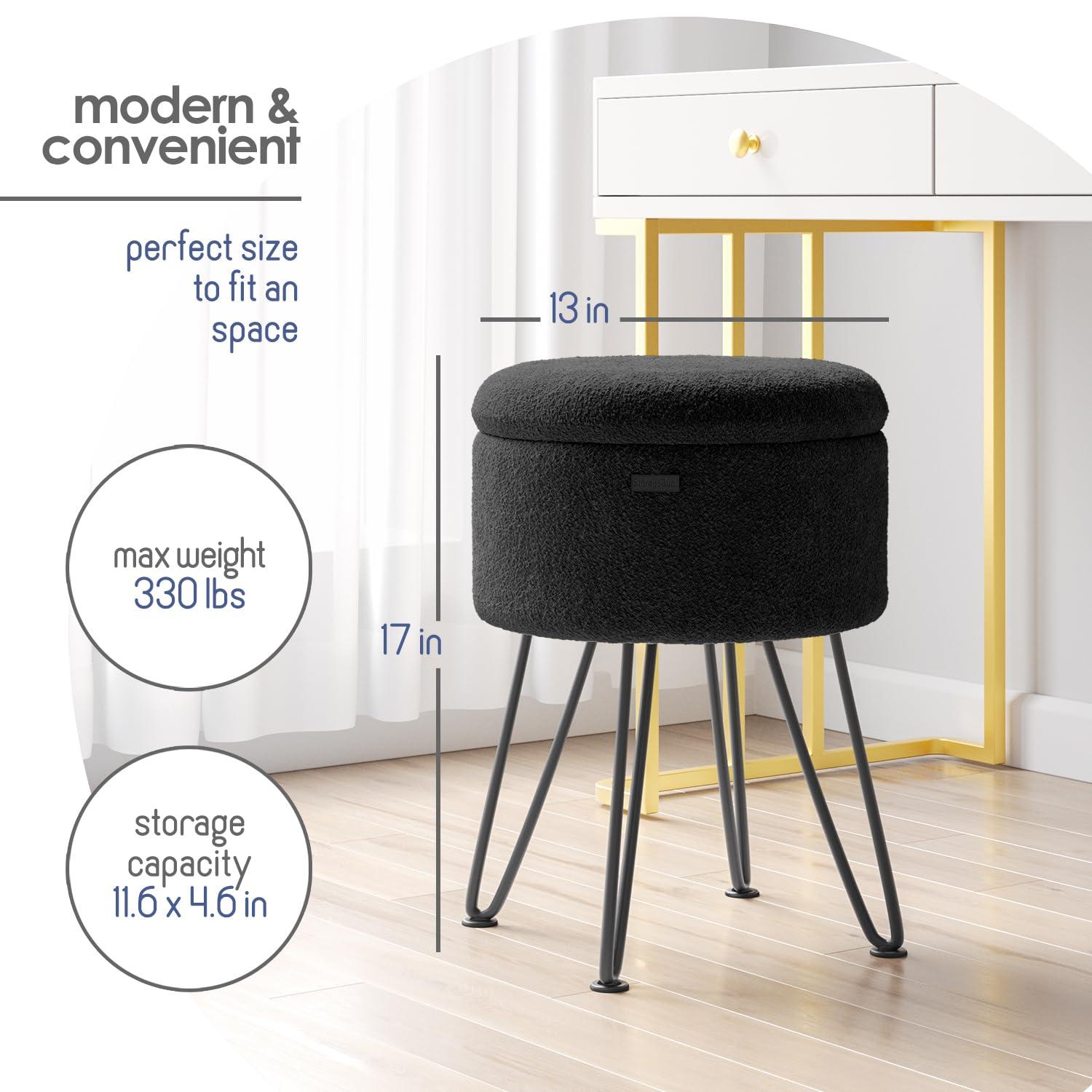 StorageBud Round Ottoman with Storage, Boucle Storage Ottoman, Modern Foot Stool Ottoman for Living Room and Bedroom, Black/Black Legs