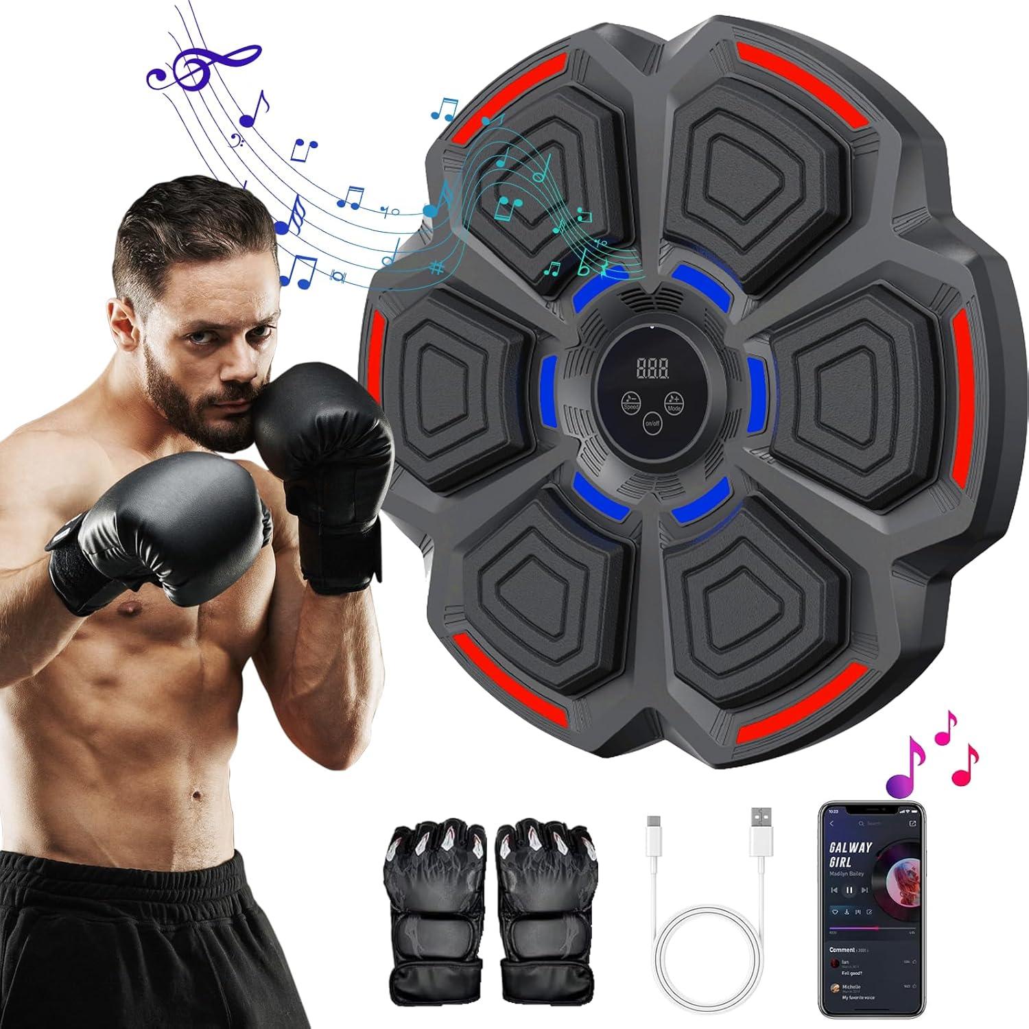 Music Boxing Machine for Adults : Smart Bluetooth Wall Mounted Punching Trainer with Gloves - Interactive Boxing Target - Workout Boxing Equipment for Home Gym Office