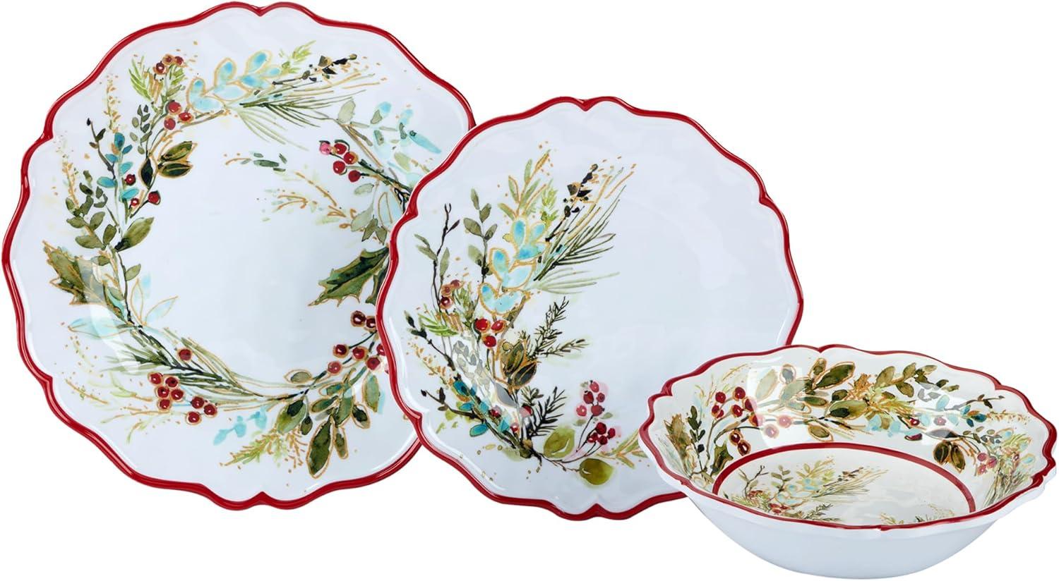 Christmas Gatherings 12pc Melamine Dware Set 4-Dinner Plate 11" 4-Salad Plate 9" 4-Bowl 8.5" x 2"