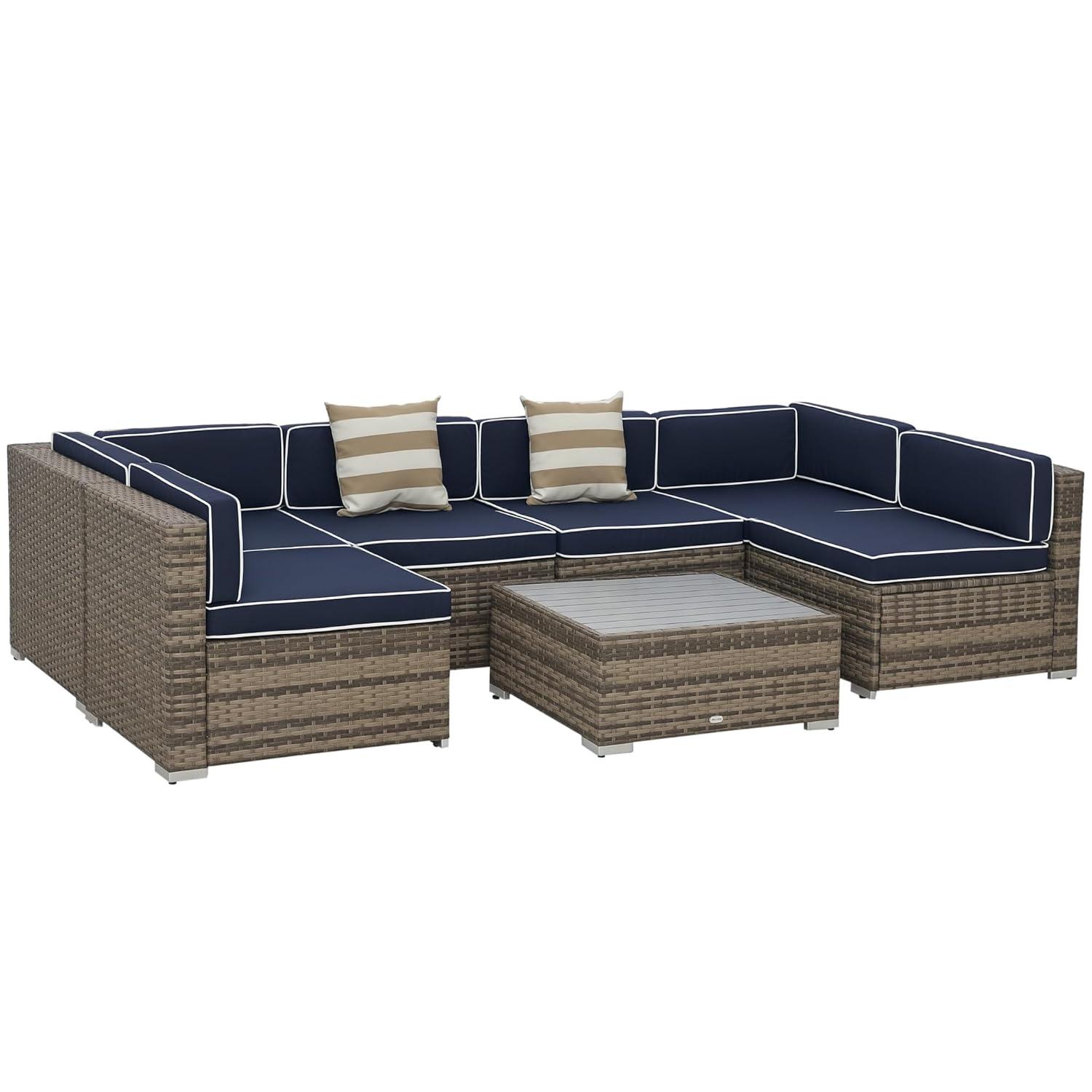 Outsunny 7-Piece Patio Furniture Set, Outdoor Wicker Conversation Set, All Weather PE Rattan Sectional Sofa w/ Faux Wood Table, Stripe Pillows, Beige