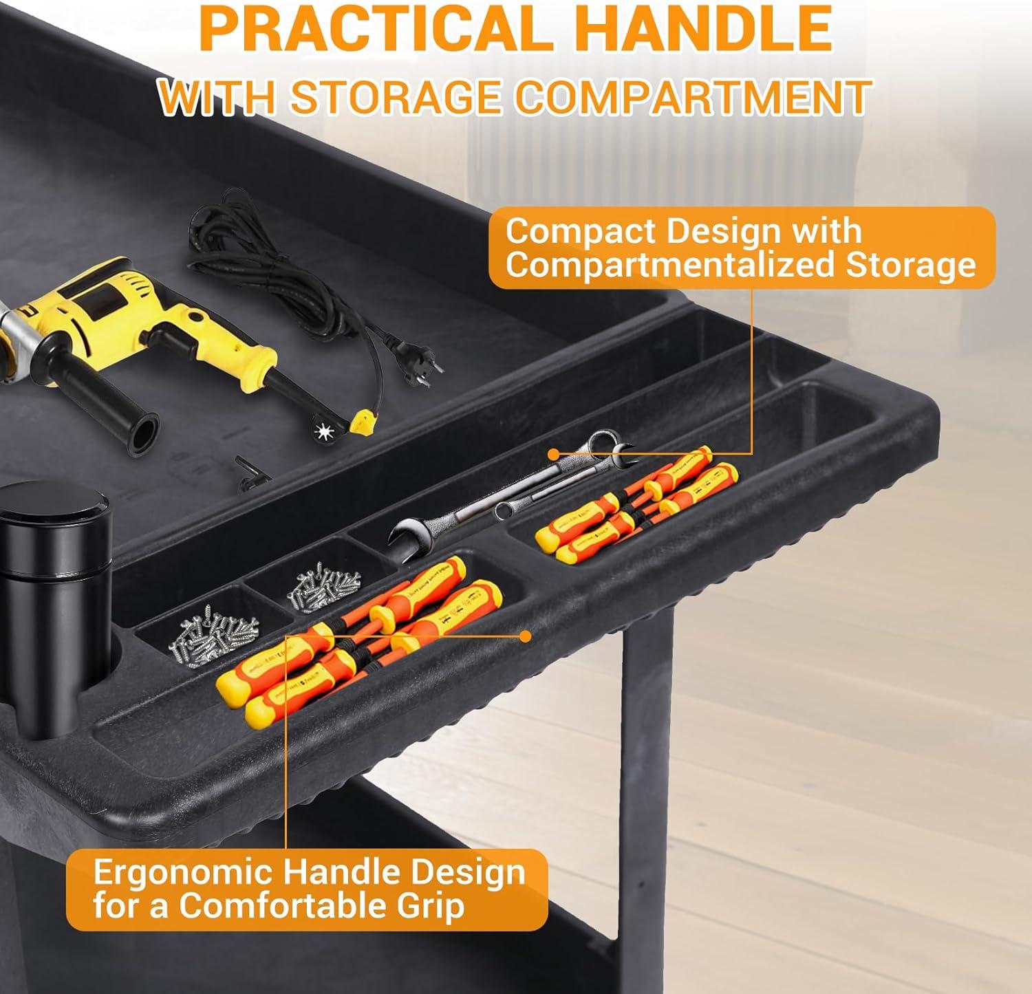 Black Heavy Duty Polypropylene 2-Shelf Rolling Utility Cart with Ergonomic Handle
