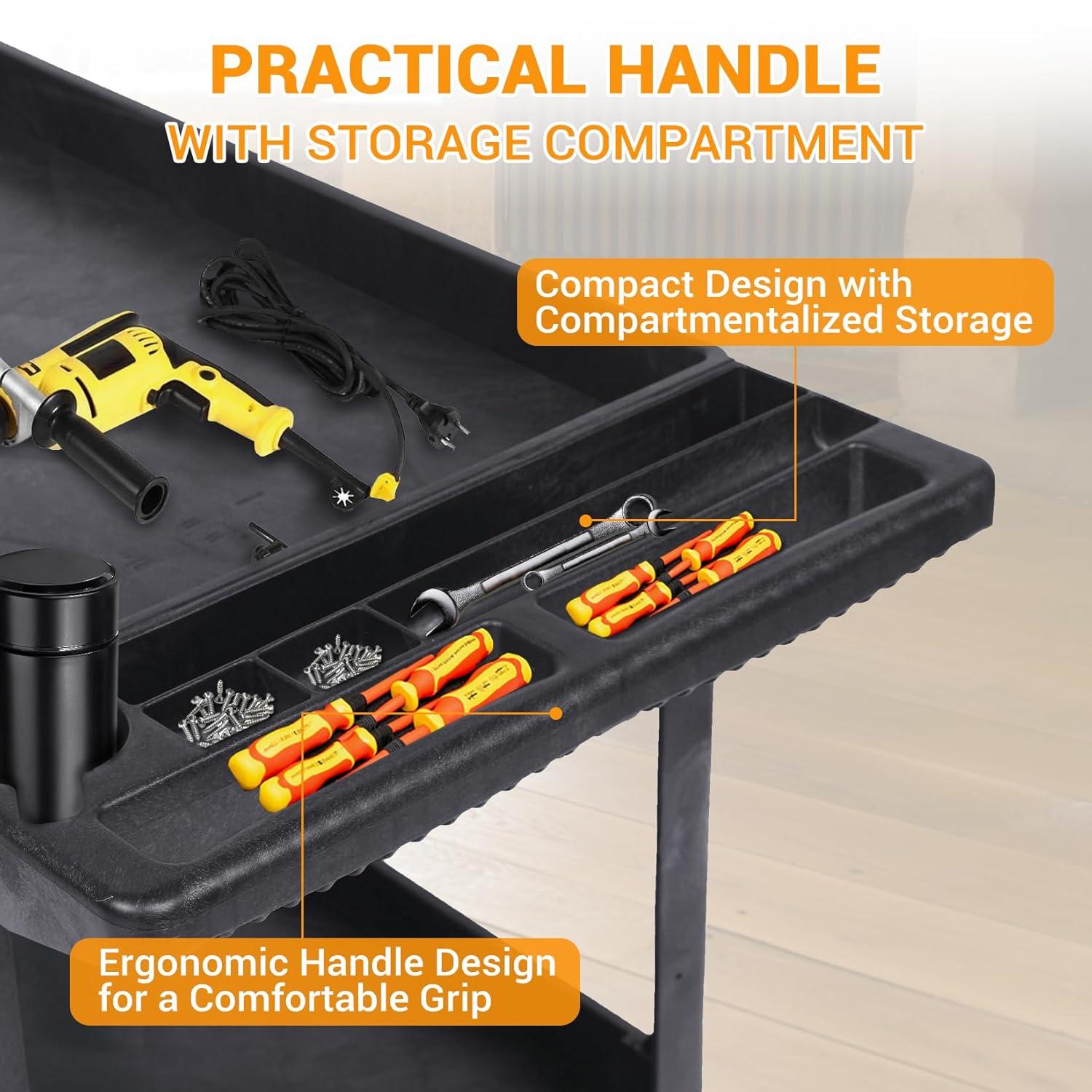 Black Heavy Duty Polypropylene 2-Shelf Rolling Utility Cart with Ergonomic Handle