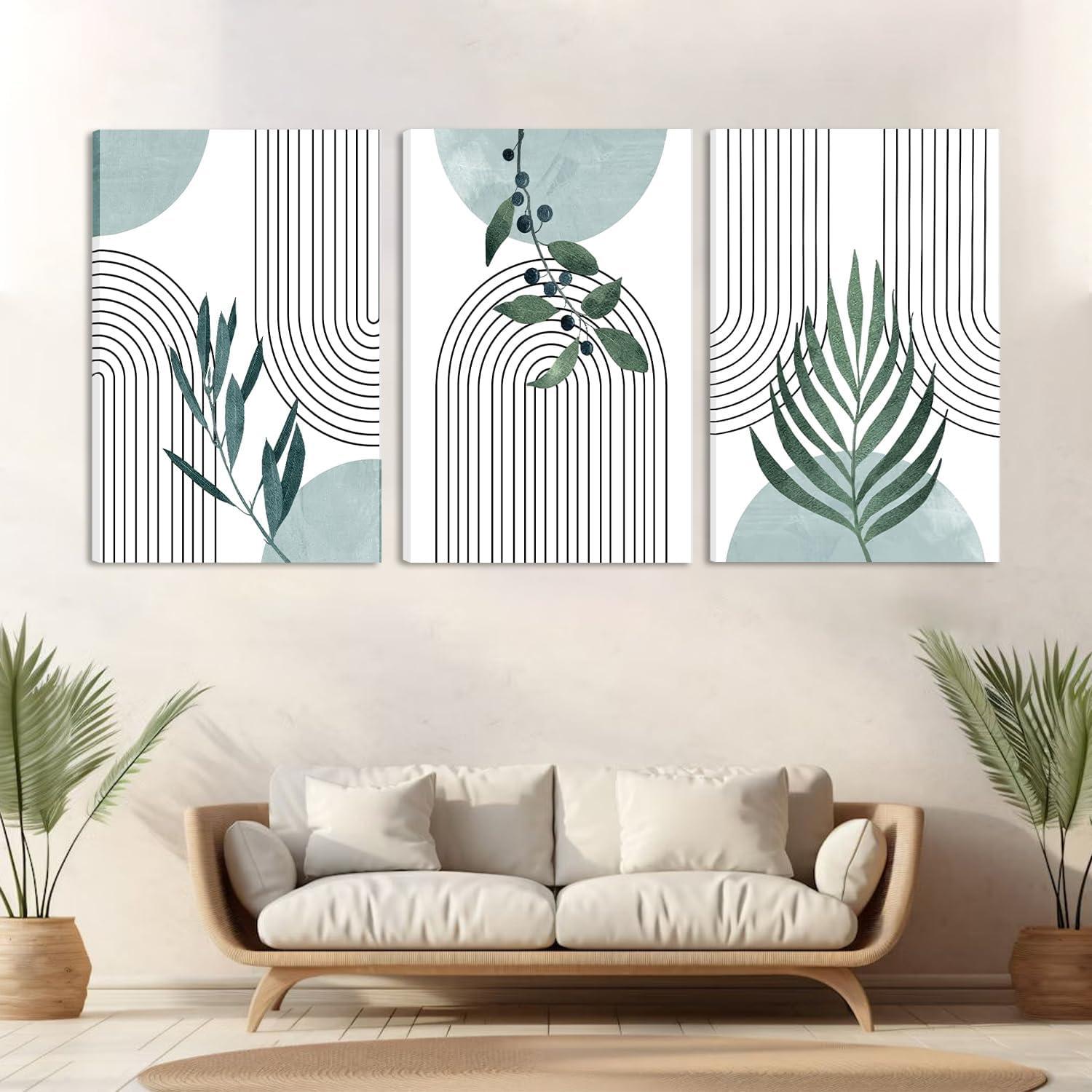 Minimalist Boho Wall Art Set of 3, MidCentury Modern Wall Art, Framed Canvas Wall Art Yellow Green Beige Moon Botanical Geometric Neutral Abstract Artwork Prints, Boho Room Wall Decor Ready To Hang