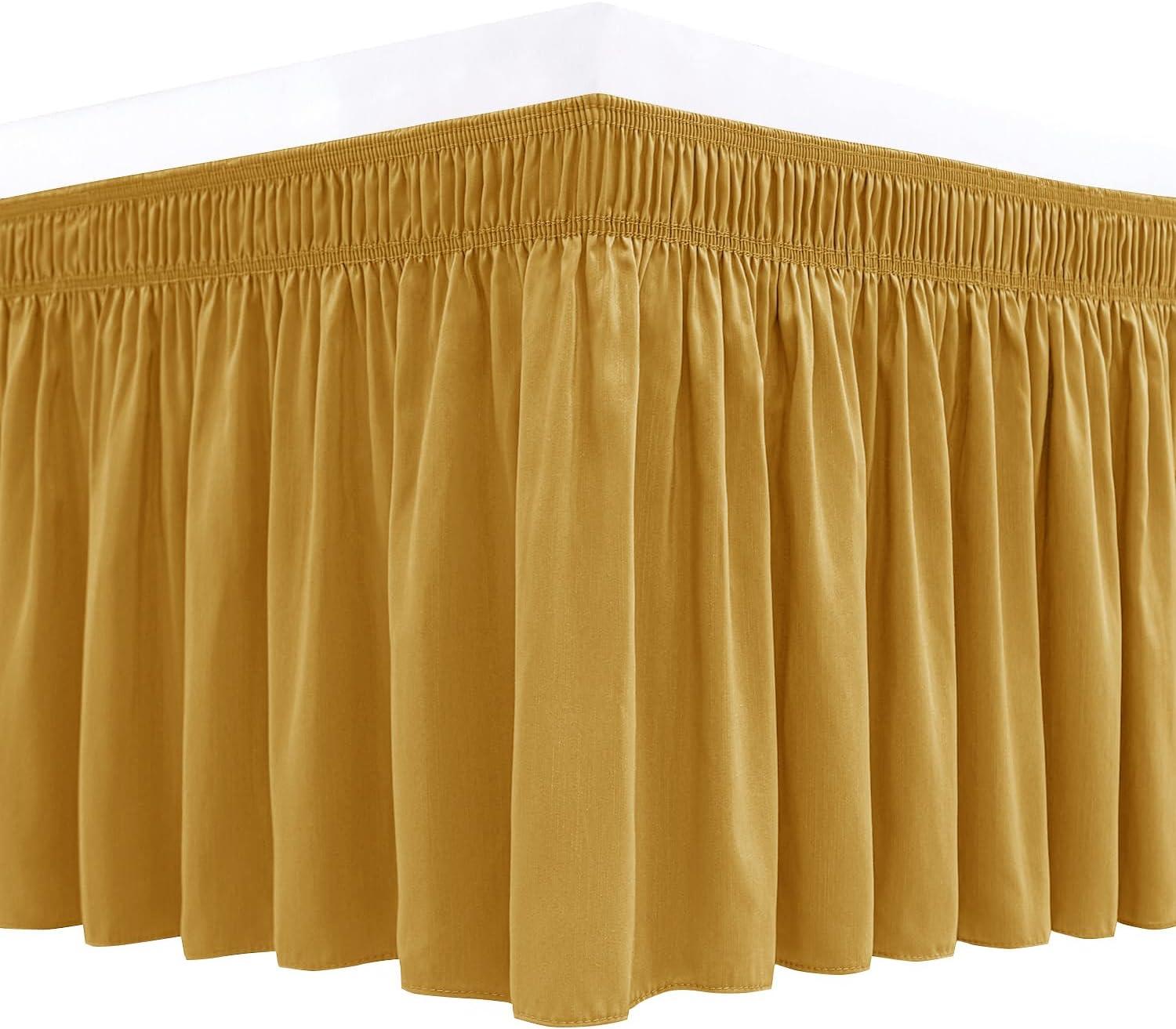 Biscaynebay Wrap Around Bed Skirts, Gold for Queen Size Beds 15 Inches Drop, Elastic Dust Ruffles, Easy Fit Wrinkle & Fade Resistant Silky Luxurious Fabric