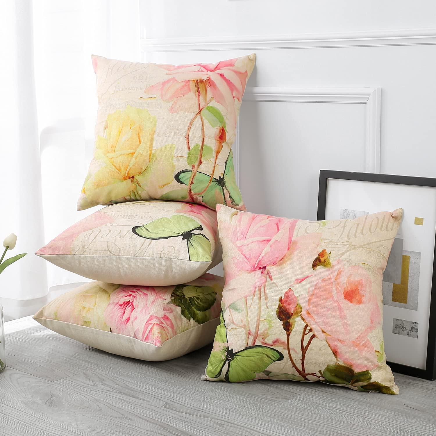 Artscope Set of 4 Waterproof Throw Pillow Covers 18x18 Inches, Pink Roses and Butterfly Pattern Decorative Cushion Covers, Perfect to Outdoor Patio Garden Living Room Sofa Farmhouse Decor