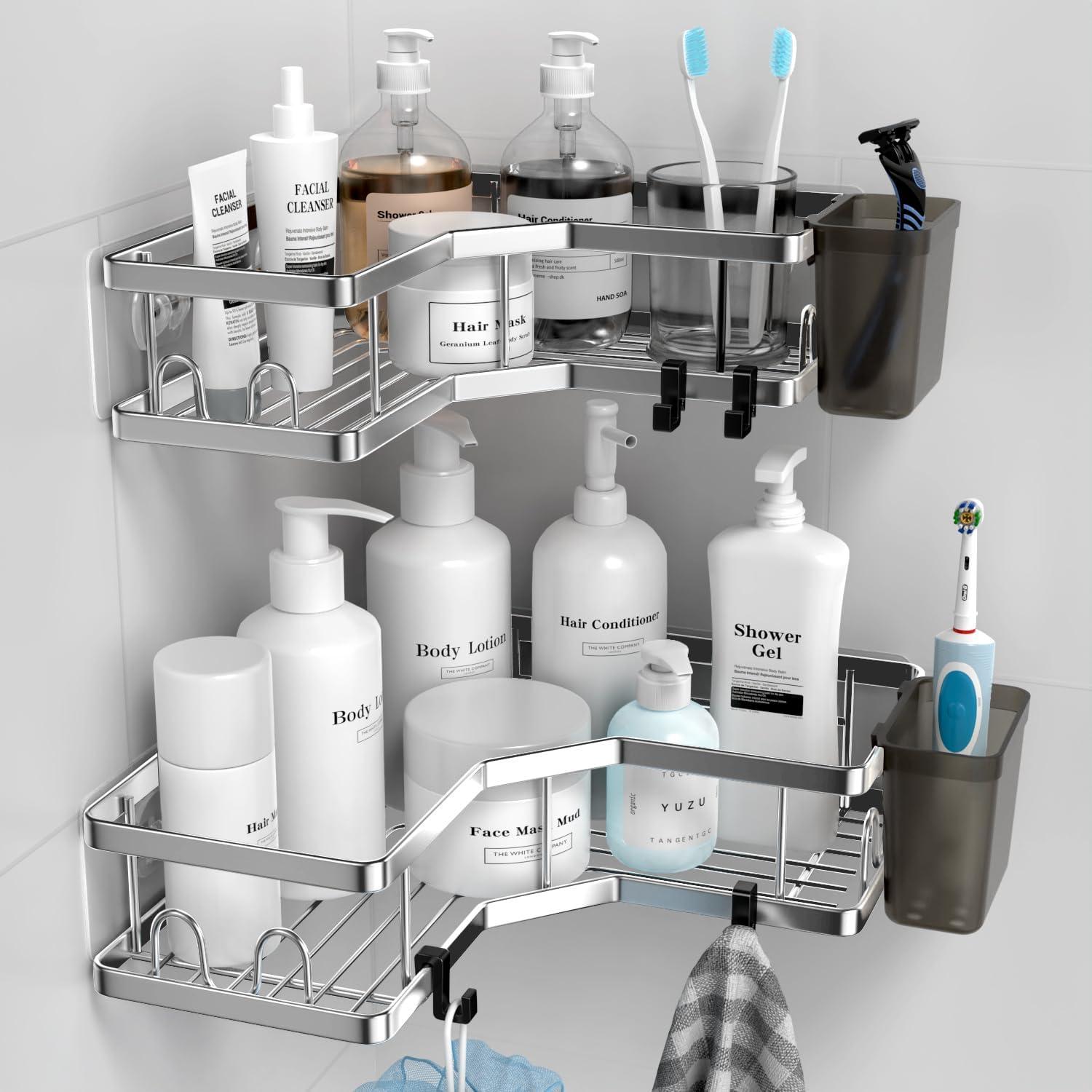 Corner Shower Caddy 2 Pack Organizer Shelves No Drilling Stainless Steel with Hooks&Toothpaste Holder