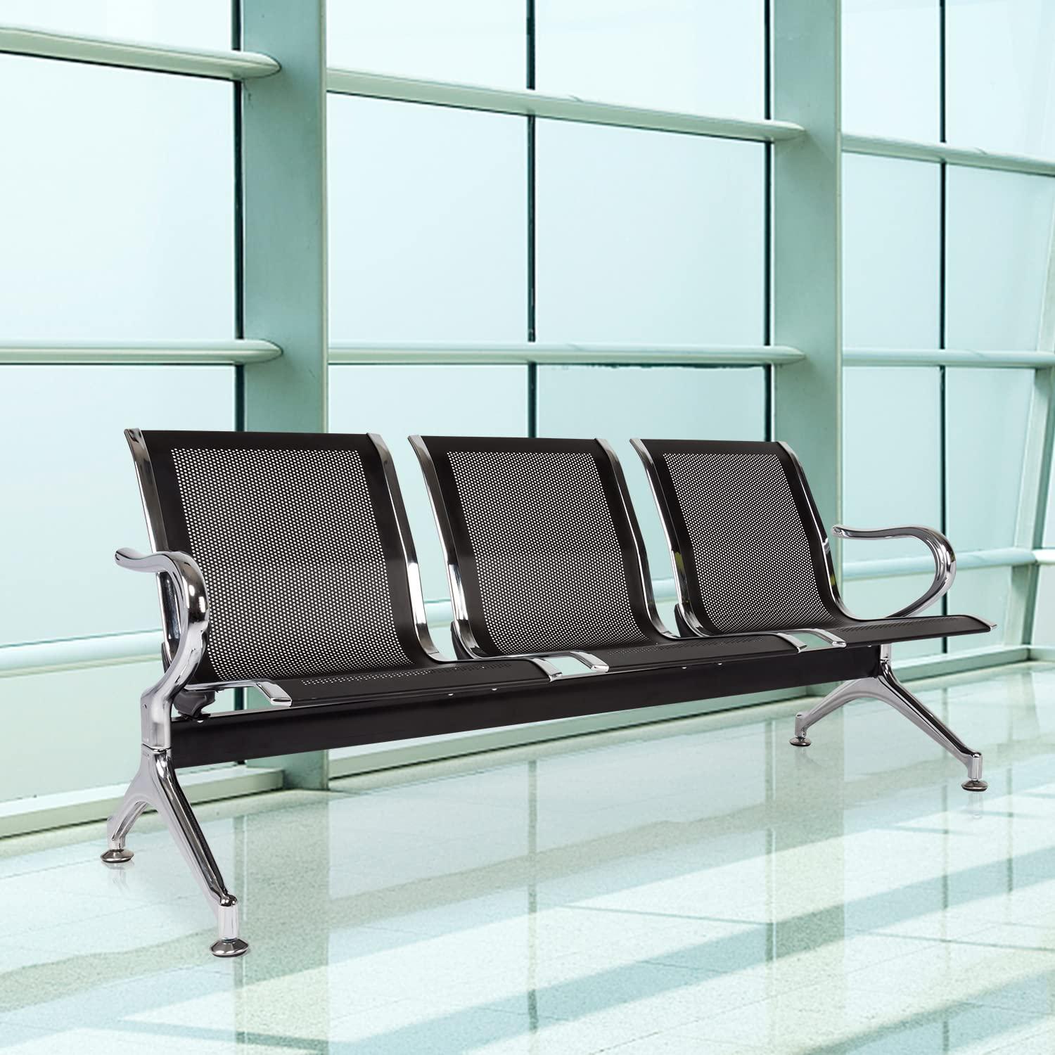 Kinbor Waiting Room Chairs, 3-Seat Reception Chairs Office Guest Waiting Furniture Bench Seating for Airport Bank Hospital, Black