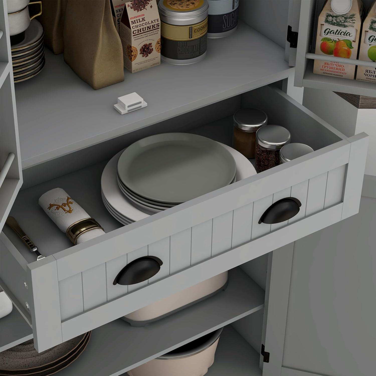 HOMCOM 71" LED Kitchen Pantry Cabinet, Tall Storage Cabinet with 6 Door Shelves, a Drawer and 4 Adjustable Shelves, Gray