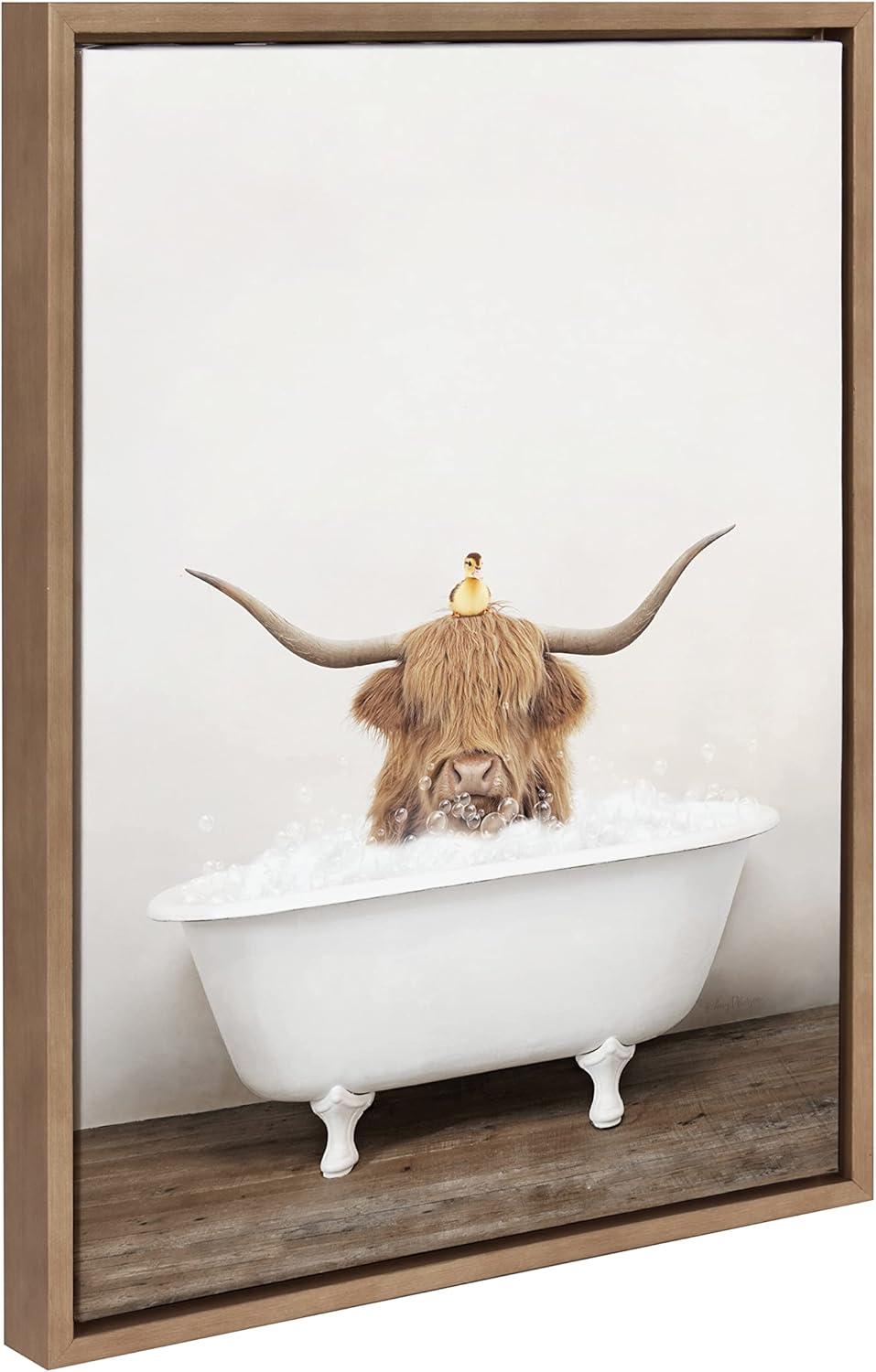 Kate and Laurel Sylvie Highland Cow and Duckling in Rustic Bath Framed Canvas by Amy Peterson Art Studio