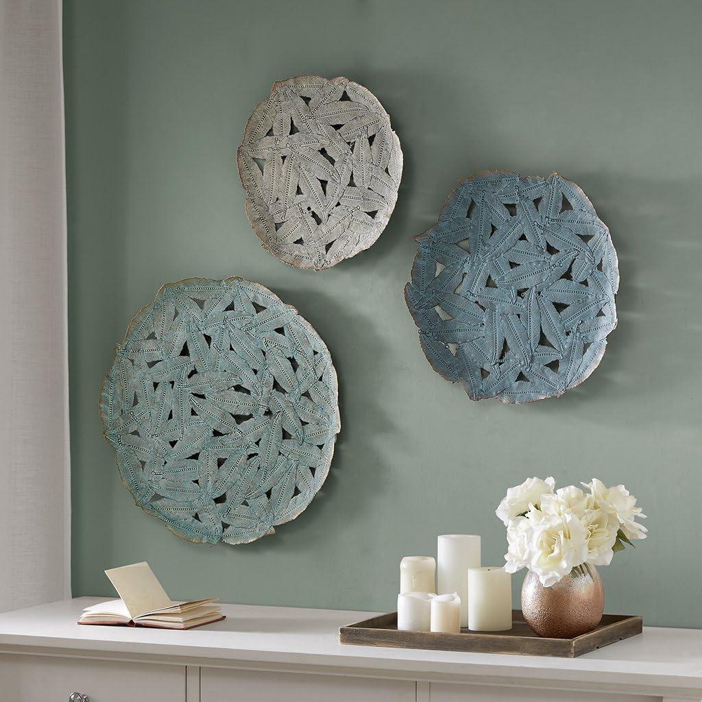 Set of 3 Jax Iron Painted Wall Decor Blue: Madison Park Metal Artwork, Botanical Cast Sculpture, Modern Style