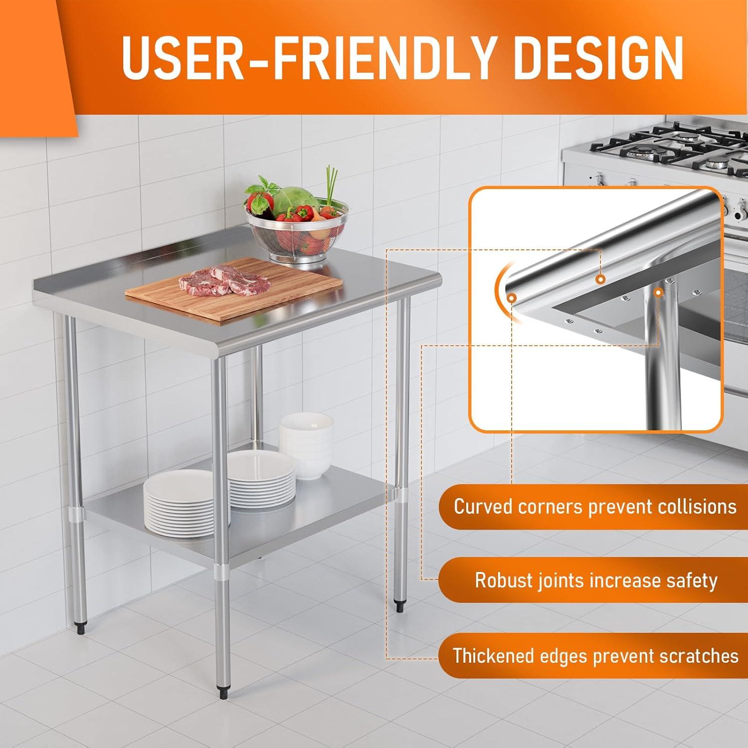 Stainless Steel Table 24" x 30" with Adjustable Undershelf and Backsplash, Commercial Metal Workstations for Kitchen, Garage, Outdoor BBQ