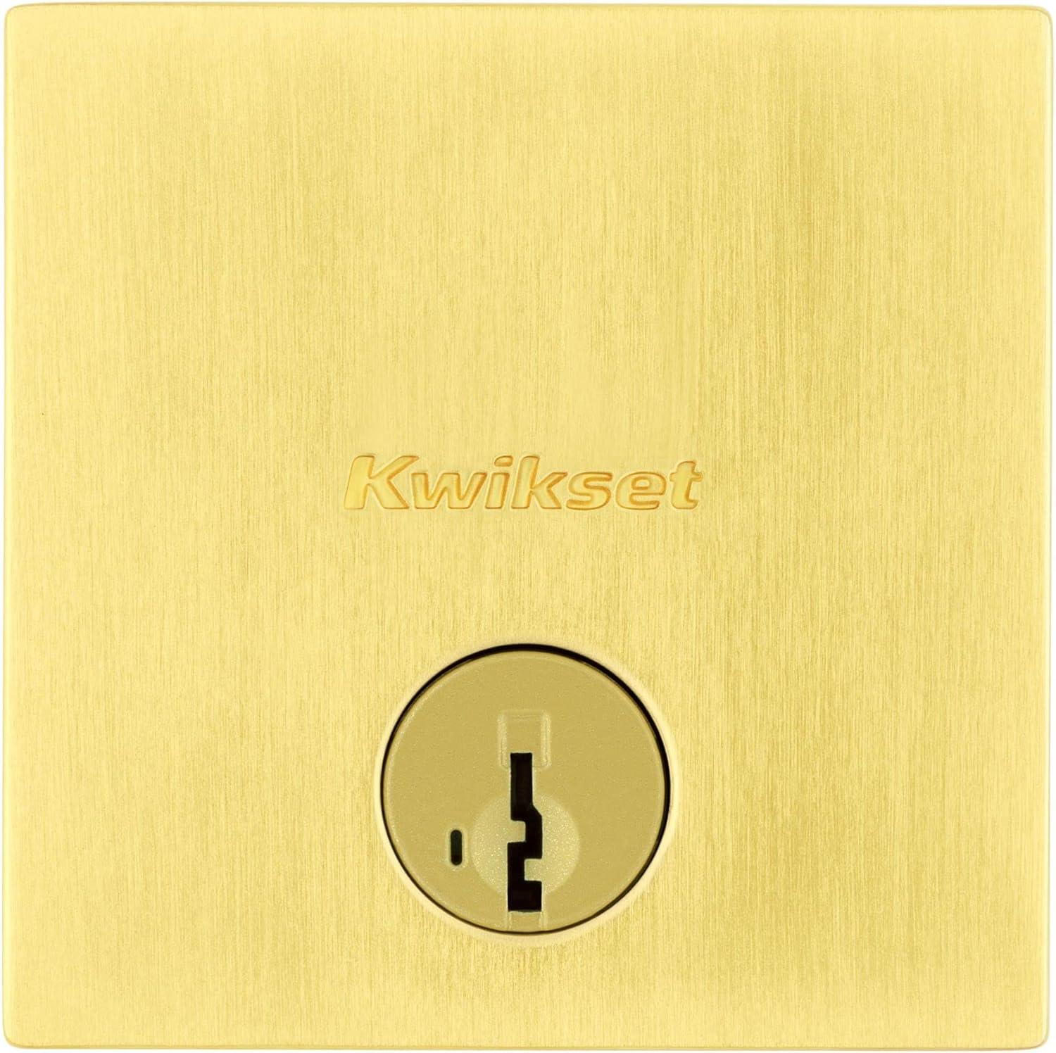 Kwikset Downtown Deadbolt Lock, Satin Brass Square Exterior Keyed Front Entry Door, Pick Resistant SmartKey Rekey Security, Single Cylinder Dead Bolt, with Microban Protection
