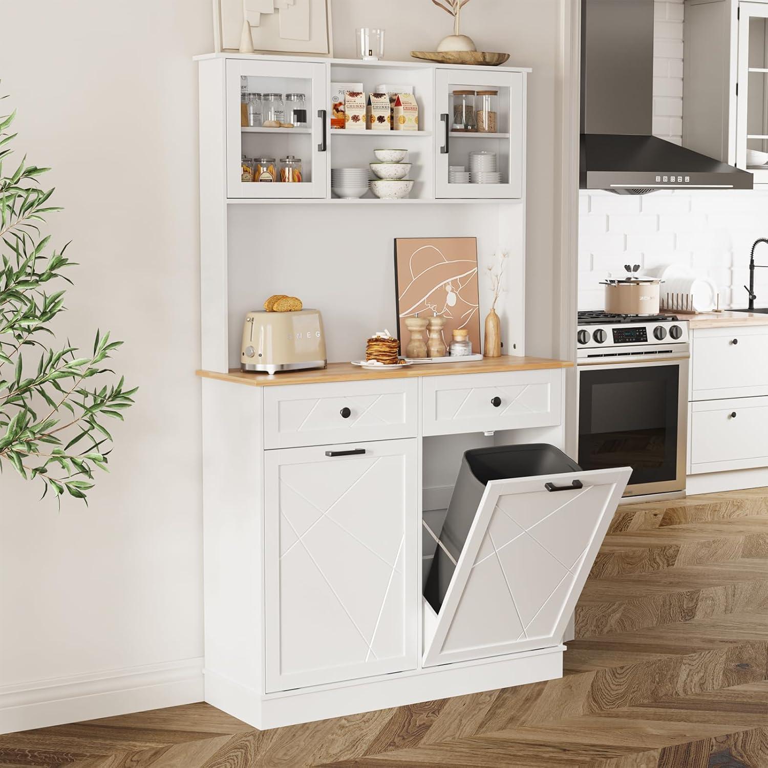 Vabches Kitchen Dual Tilt Out Trash Cabinet , Wood 10 Gal Garbage Cans Holder Drawers, White (Without Trash Bin)