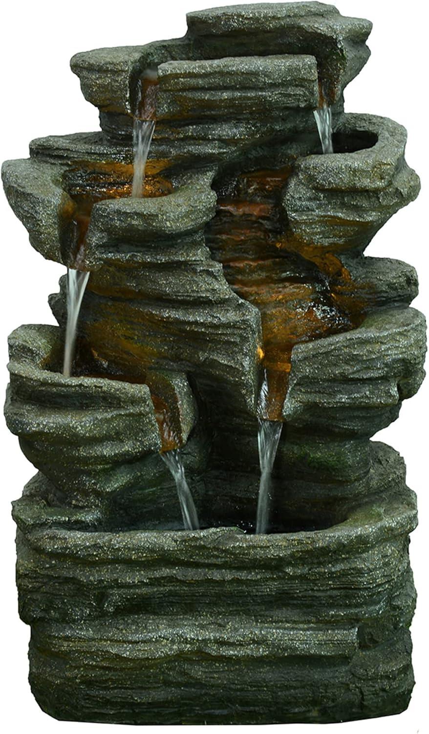 Multi-Level Gray Polyresin Rock Fountain with LEDs