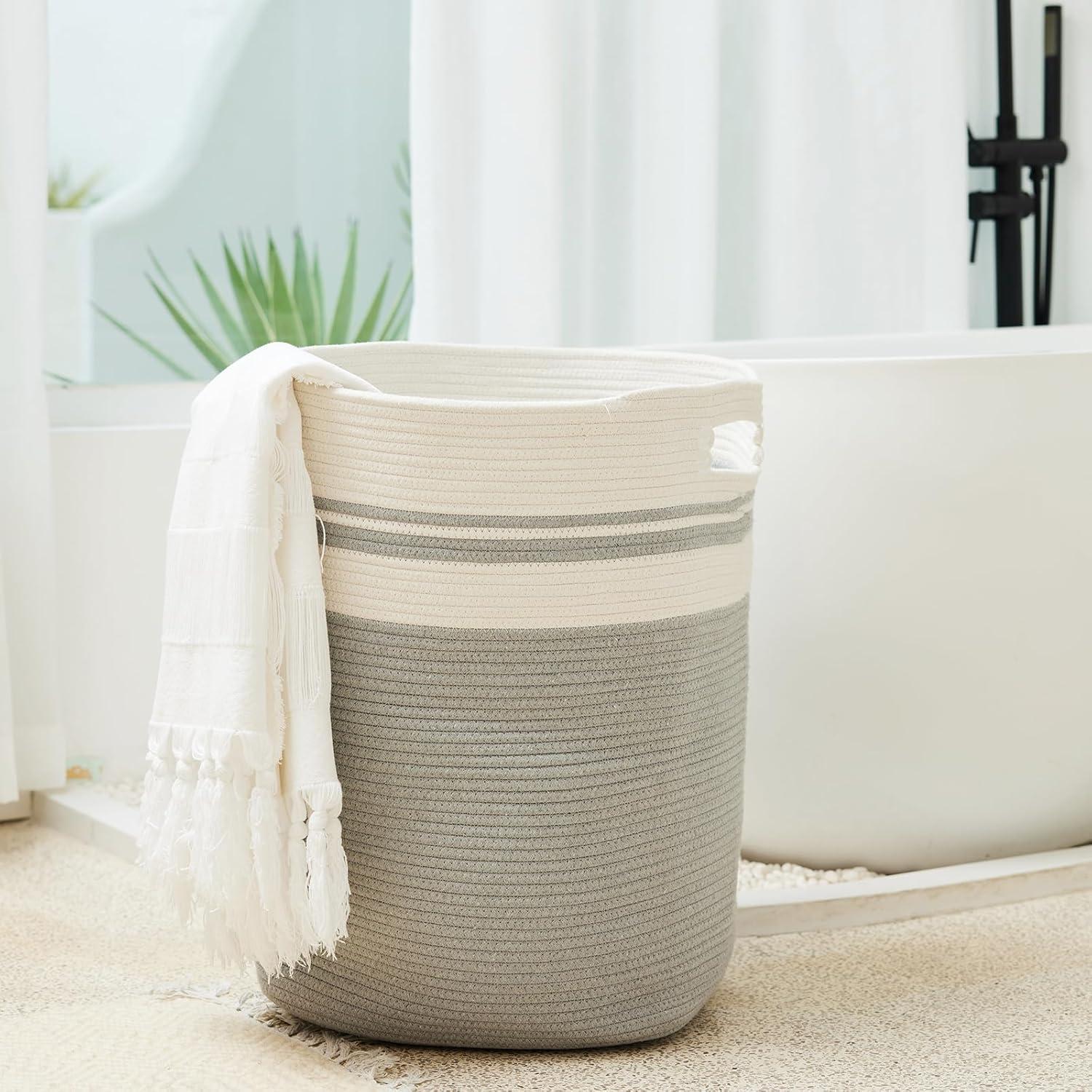 Casaphoria Woven Rope Laundry Hamper, Bin for Living Room, Storage Basket, Blanket Container, Dirty Clothes Hamper 16x13x22in - Light Gray