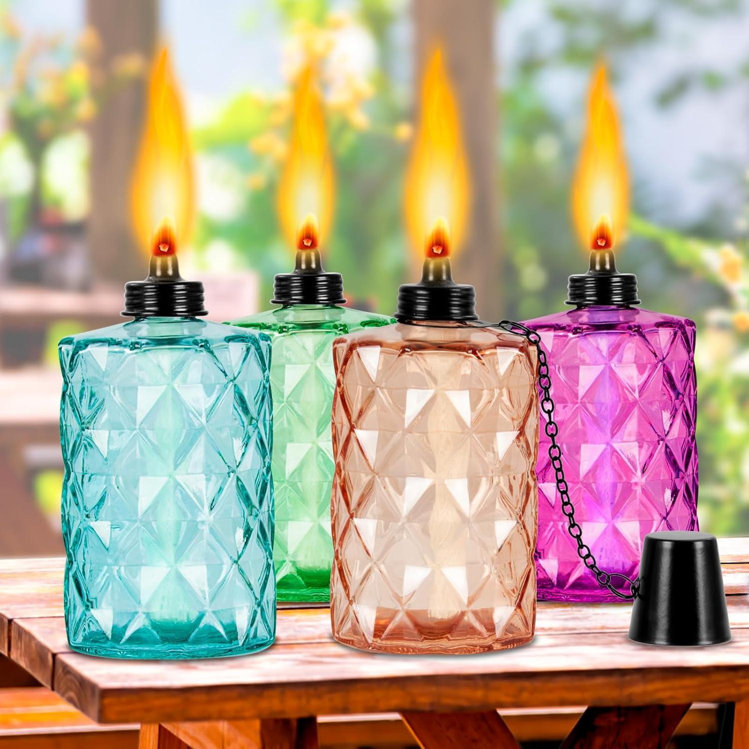 FAN-Torches 4 Pack Glass STF9 Table top Torch,12 oz Torches for Outside,Refillable Flame Light Torch with Wicks and Covers, Landscape Lanterns Torches for Yard,Patio, Garden,Party Decor, DIY.