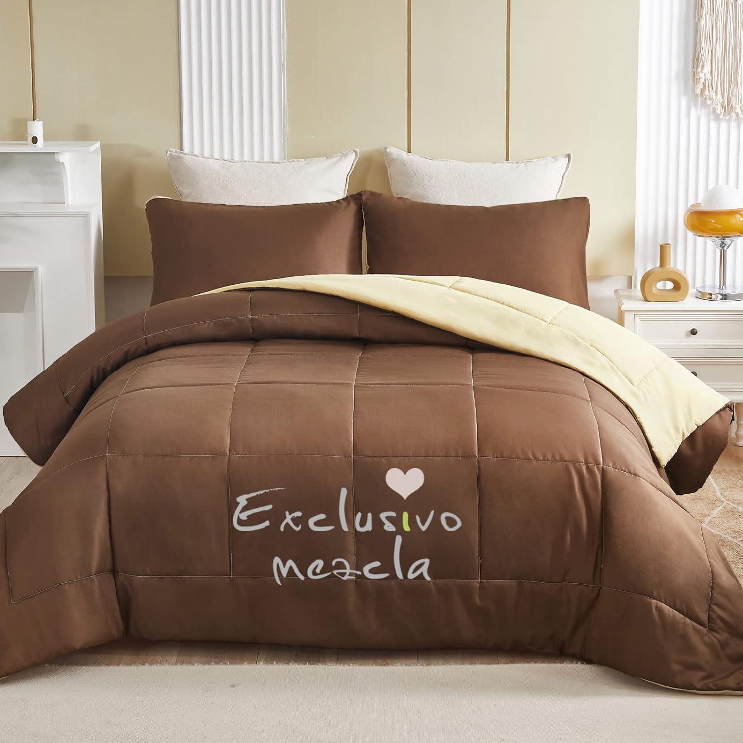 Exclusivo Mezcla Lightweight Reversible 3-Piece Comforter Set All Seasons, Down Alternative Comforter with 2 Pillow Shams, Queen Size, Brown/ Khaki