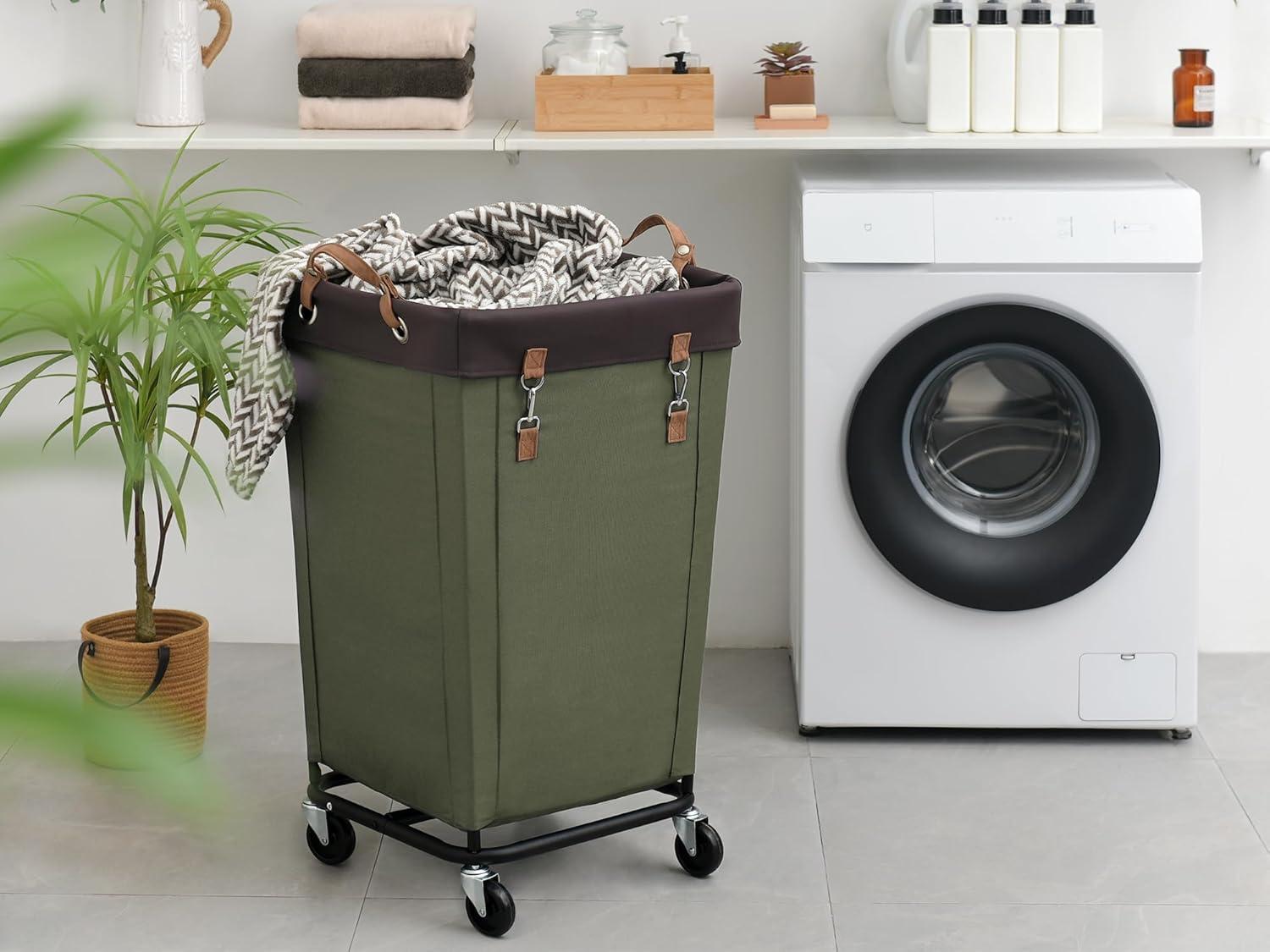 Green Collapsible Laundry Hamper with Wheels and Leather Handles