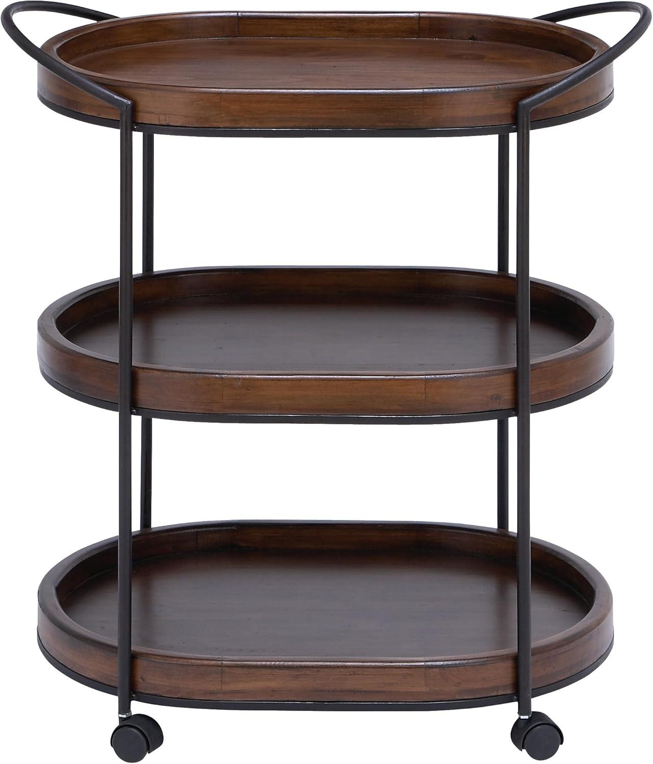 Olivia & May Wood 3 Tier Oval Tray Cart Brown: Pine Rolling Bar Cart with Fixed Shelves, No Assembly Required