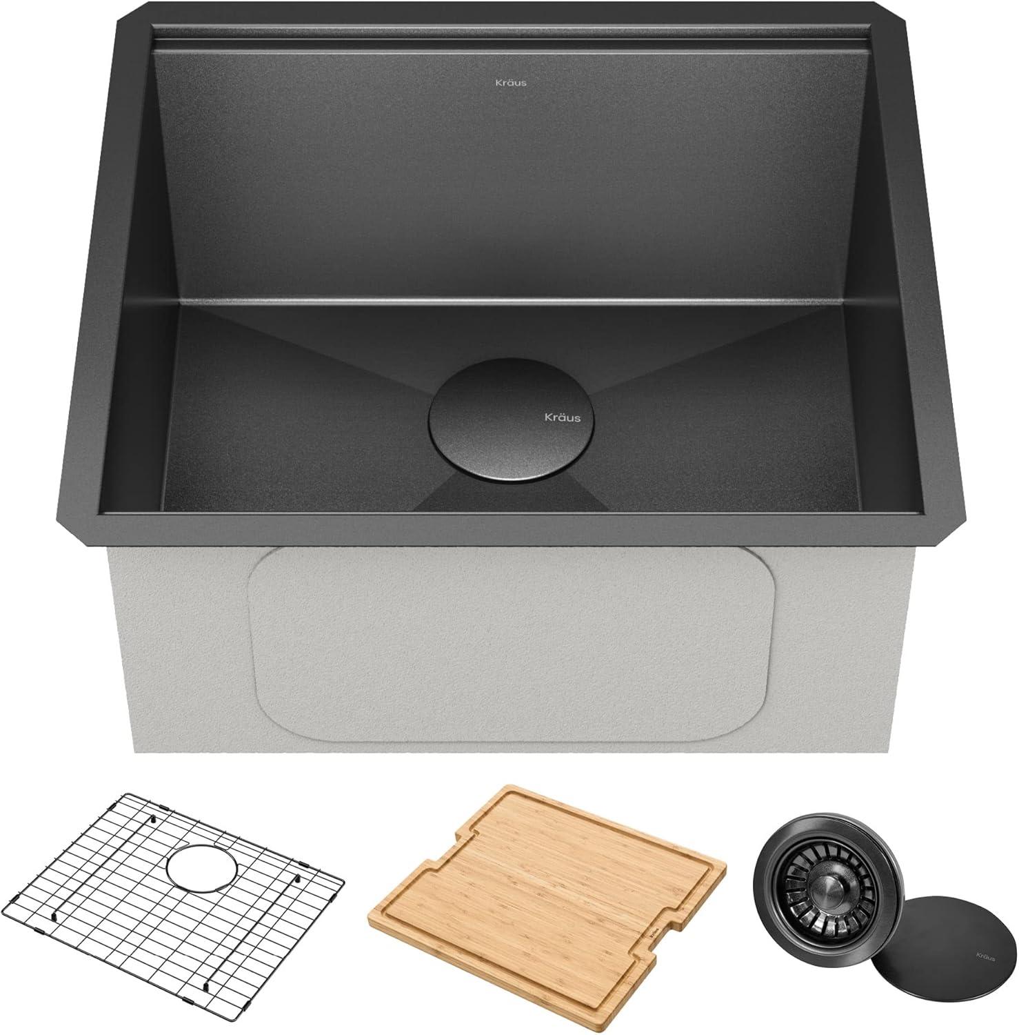 KRAUS Kore 21 Undermount Workstation 16 Gauge Black Stainless Steel Single Bowl Kitchen Sink in PVD Gunmetal Finish with Accessories