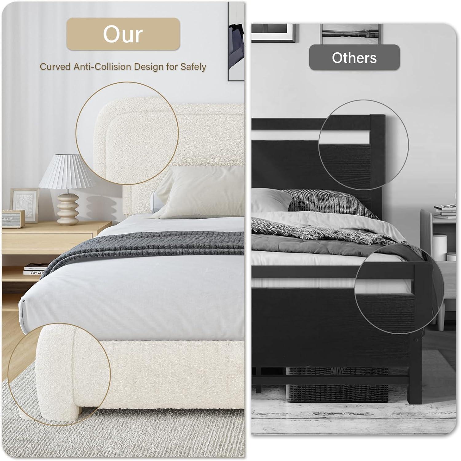 Manfred Boucle Upholstered Cloud Bed Frame with Rounded Corners Headboard, Soft Platform Bed Frame with Thickened Footboard