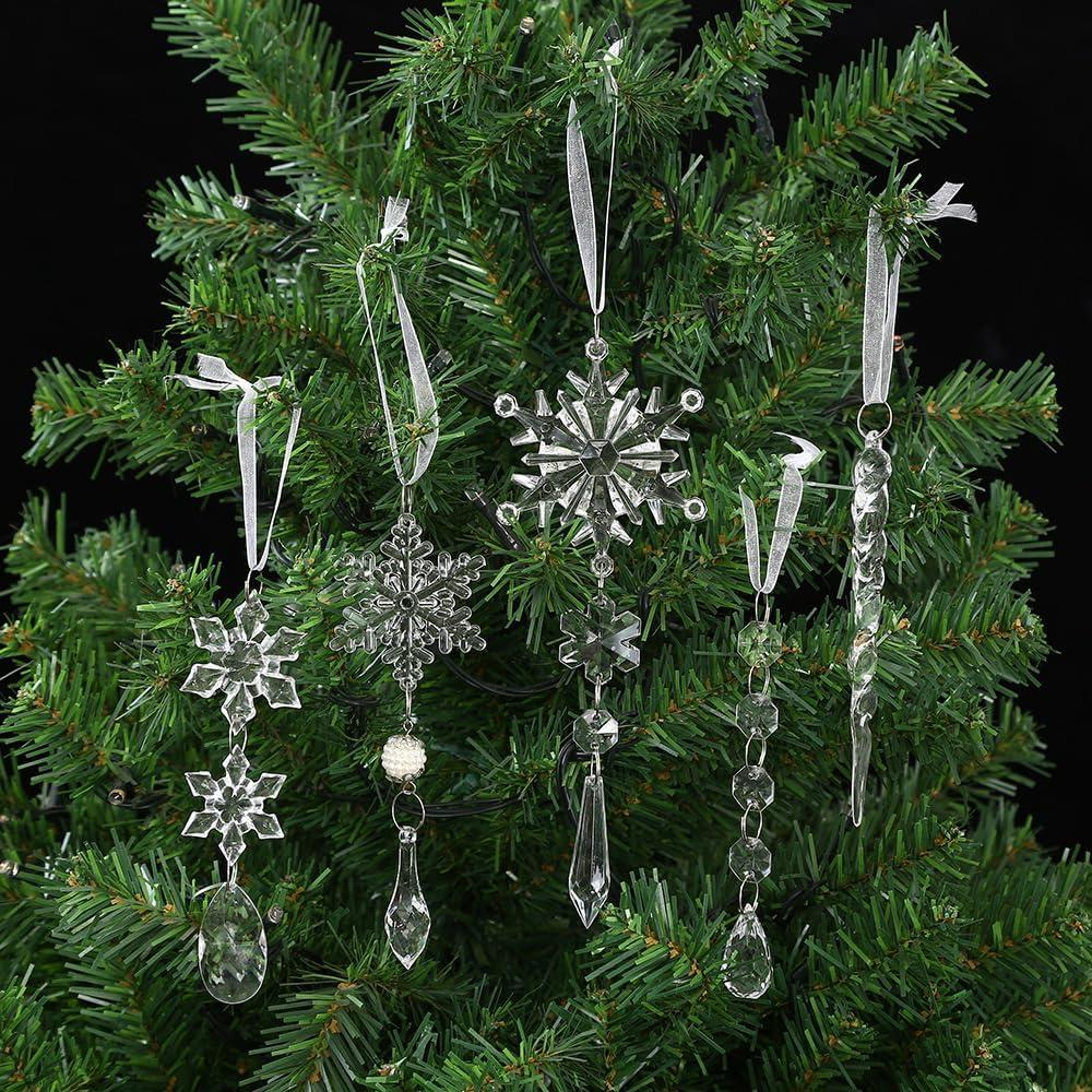 MGEZCOO Christmas Acrylic Snowflake and Icicle Ornaments Set, 18 Pieces - Crystal-Clear Holiday Tree Decorations