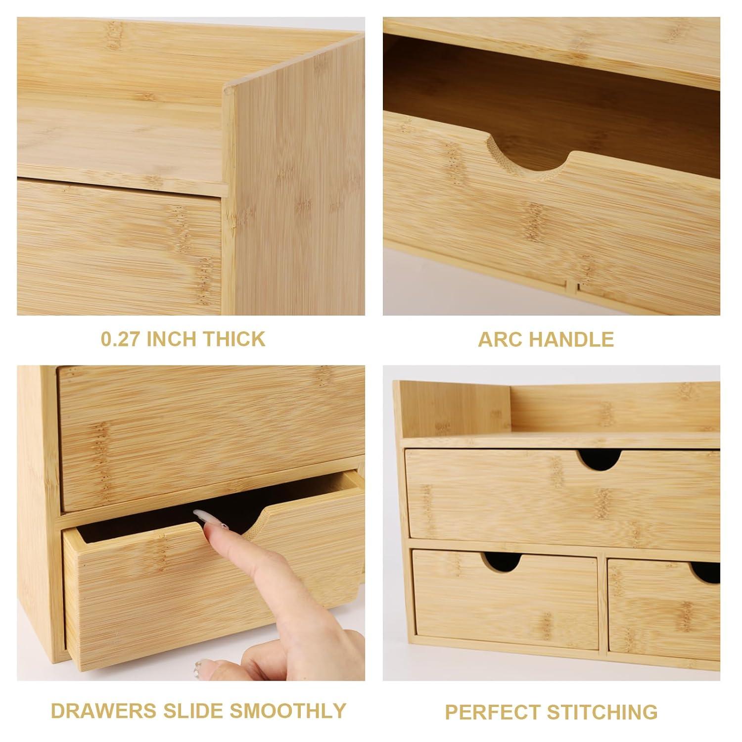 Bamboo Desk Organizer with 3 Drawers, Countertop Organizer with Drawers Makeup Storage Drawer 3 Drawers Tabletop Storage Organization Box Home Office Workspace