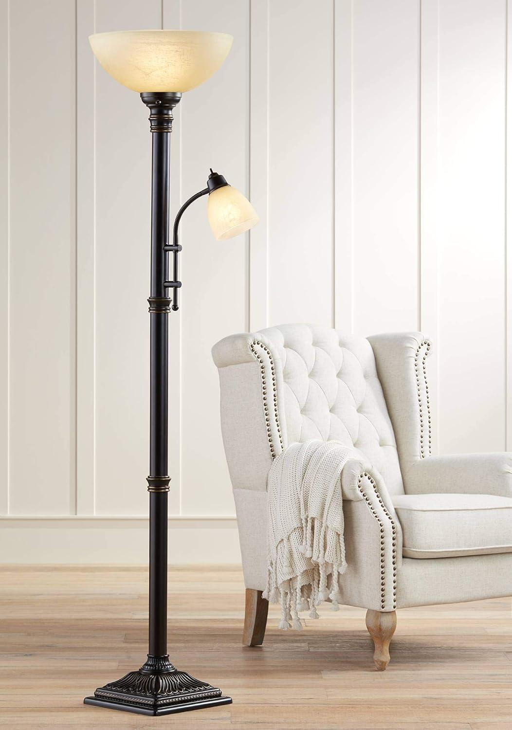 Regency Hill Garver Rustic Retro Torchiere Floor Lamp 72 1/2" Tall Oil Rubbed Bronze with Side Light Amber Glass Shade for Living Room Reading Bedroom