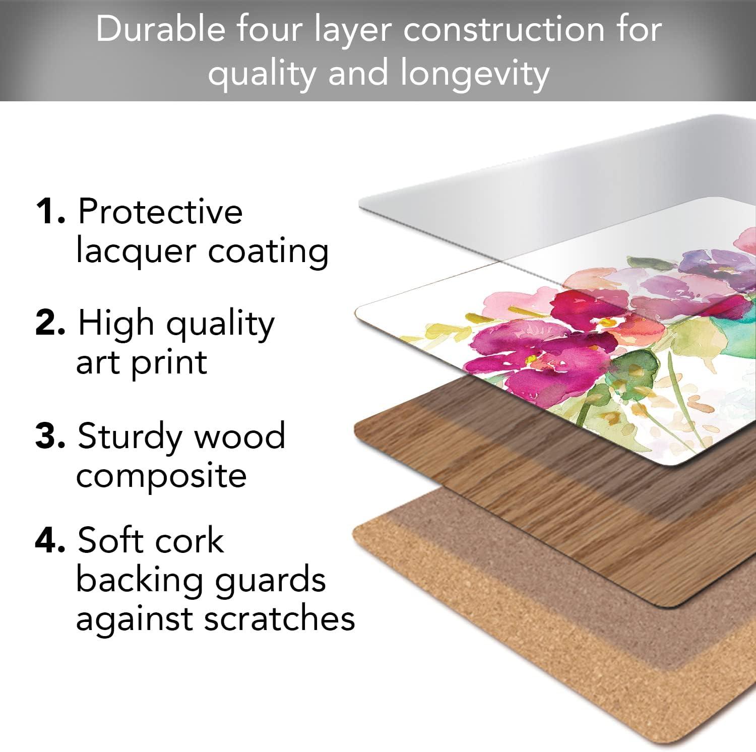 Cala Home "Bowl Of Blooms" Premium Decorative Hardboard Cork Back Tabletop Placemats 4 Pack