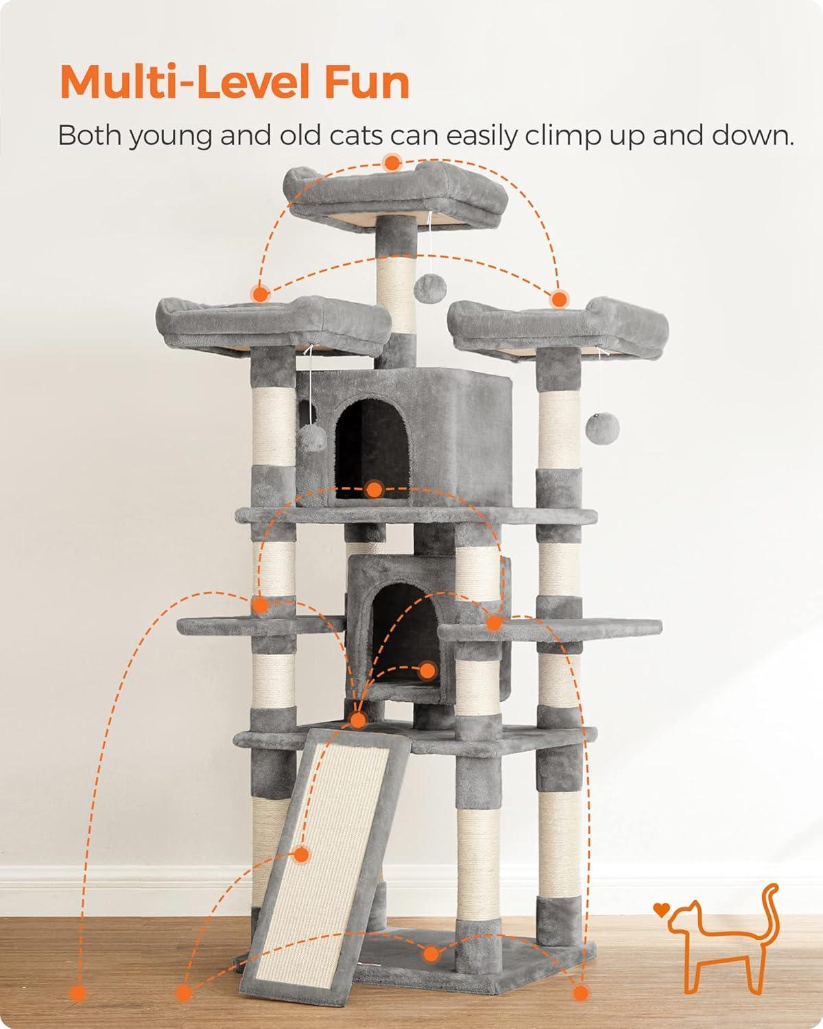 FEANDREA 67-Inch Multi-Level Cat Tree for Large Cats with Cozy Perches Stable Light Gray