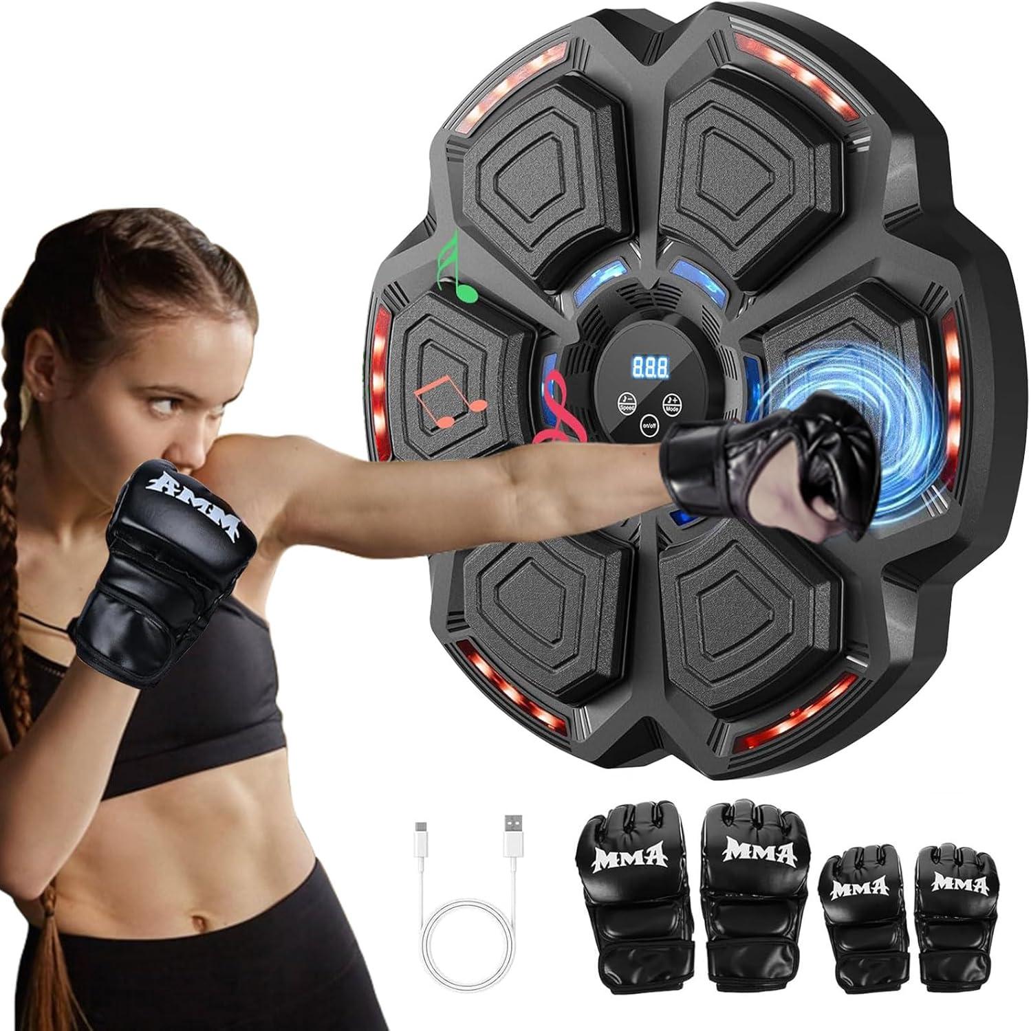Music Boxing Machine for Adults : Smart Bluetooth Wall Mounted Punching Trainer with Gloves - Interactive Boxing Target - Workout Boxing Equipment for Home Gym Office