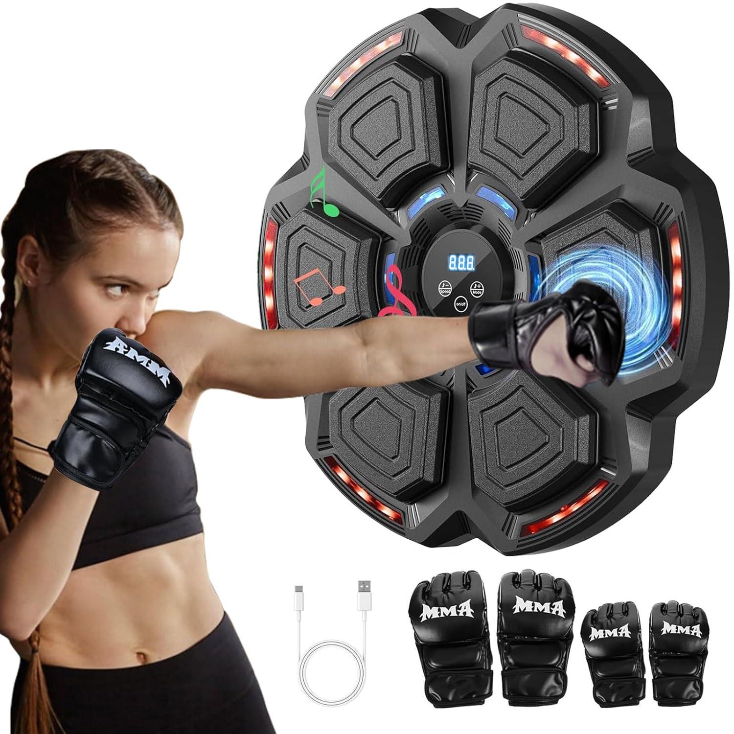 Music Boxing Machine for Adults : Smart Bluetooth Wall Mounted Punching Trainer with Gloves - Interactive Boxing Target - Workout Boxing Equipment for Home Gym Office