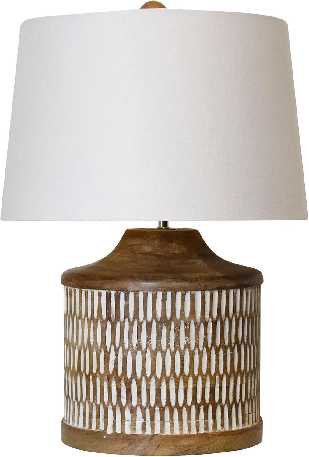 20" Carved Wood Table Lamp with Painted Accents - StyleCraft: Bohemian Style, Cotton Shade, Iron Base, UL Listed