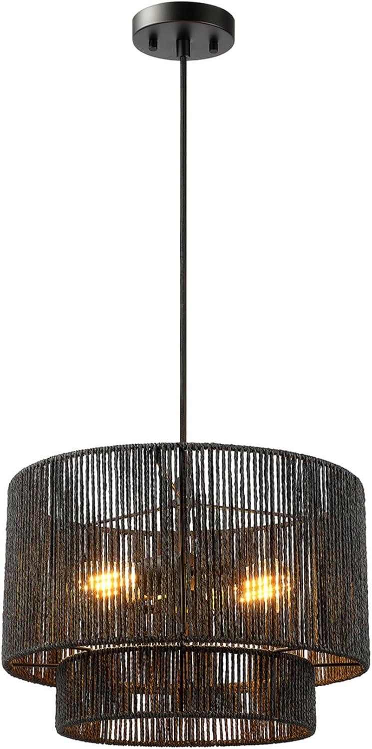 Matte Black Metal Drum Pendant Light with Paper Shade