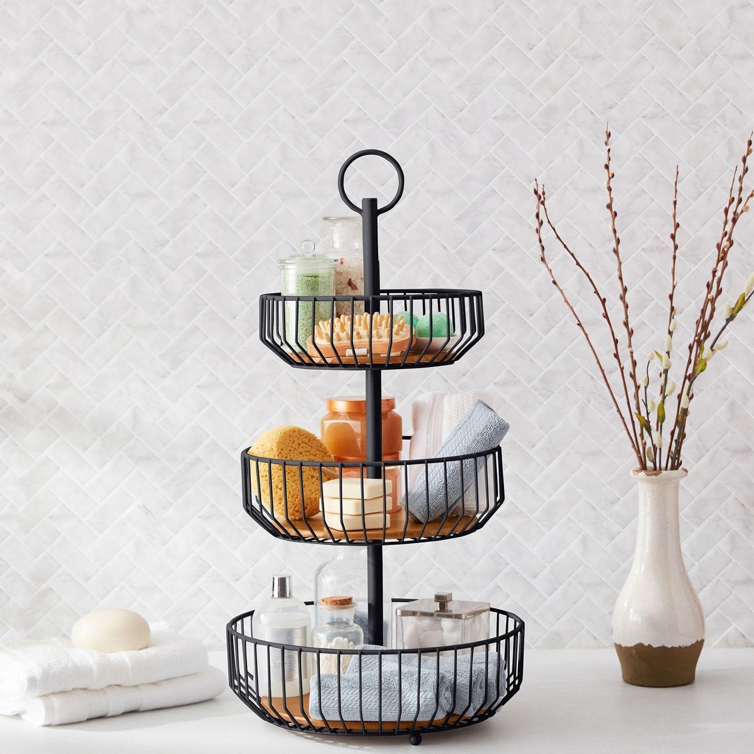 Black Iron and Wood 3-Tier Pedestal Basket Stand