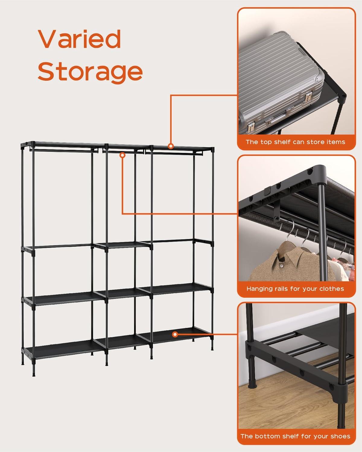 SONGMICS Portable Closet Freestanding Closet Organizer Clothes Rack with Shelves Hanging Rods Black