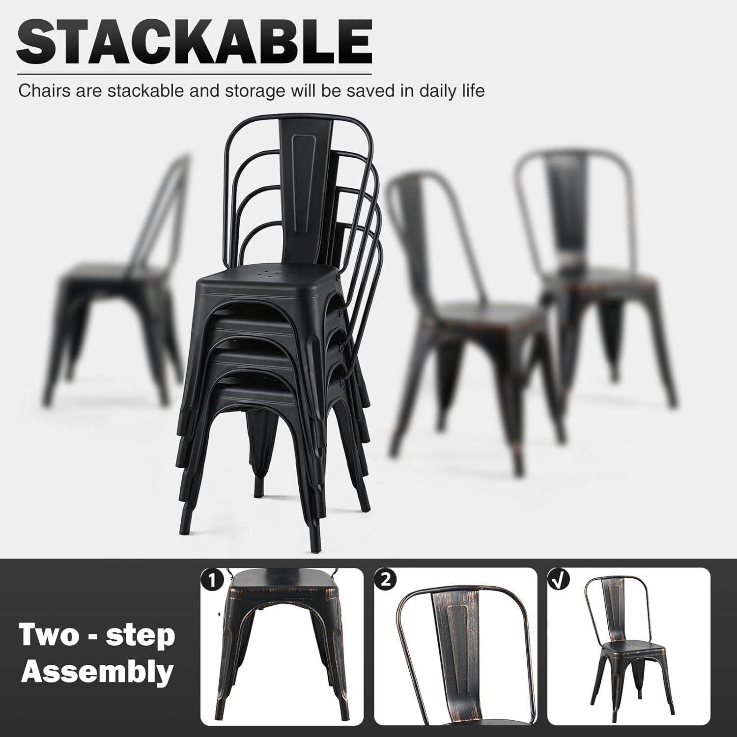 SOLEGGIATA Juego de 2 Sillas de Comedor de Metal Hierro Apilable Exterior/vintage/cocina Restaurante Mate Medianoche Negro