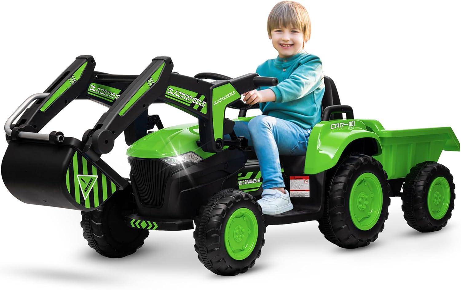 Green 12V Kids Ride-On Tractor with Detachable Trailer