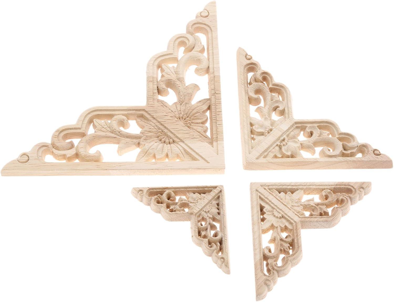 MUXSAM Wooden Decorative Appliques Onlays, 4-Pack Unpainted Wood Caravings Decals Inlays Overlays Corners Decor for Cabinet Dresser Cupboard Mirrors Walls Doors DIY Craft Project, 15x15cm/5.91"x5.91"