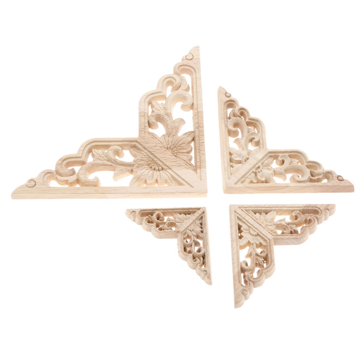 MUXSAM Wooden Decorative Appliques Onlays, 4-Pack Unpainted Wood Caravings Decals Inlays Overlays Corners Decor for Cabinet Dresser Cupboard Mirrors Walls Doors DIY Craft Project, 15x15cm/5.91"x5.91"