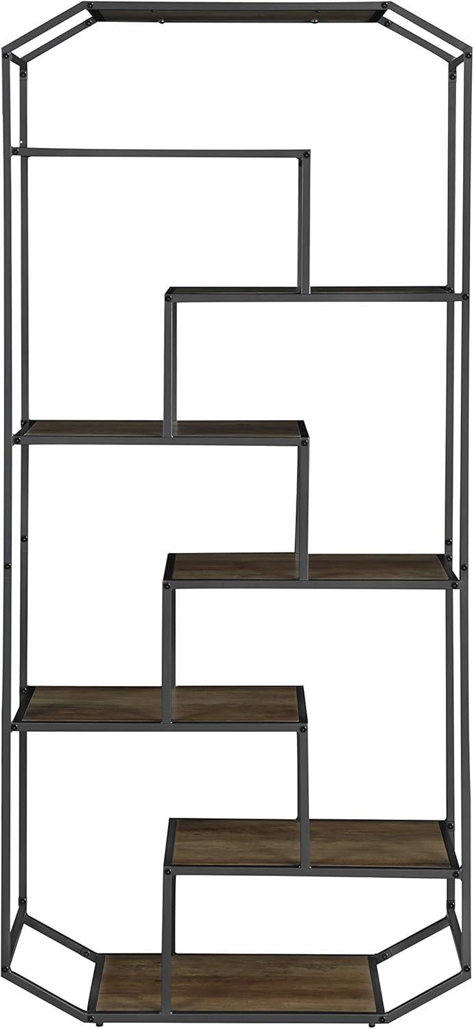 Transitional Rustic Brown and Dark Grey 7-Shelf Bookcase