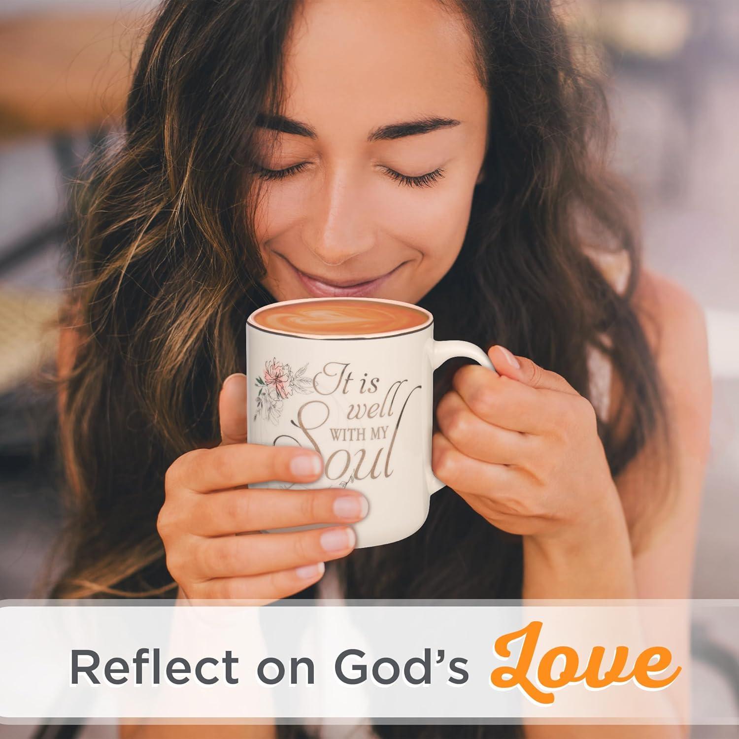 Christian Art Gifts Ceramic Coffee Mug for Women: It is Well with My Soul - Inspirational Song and Hymn, Light Floral Pink and White, 14 oz.